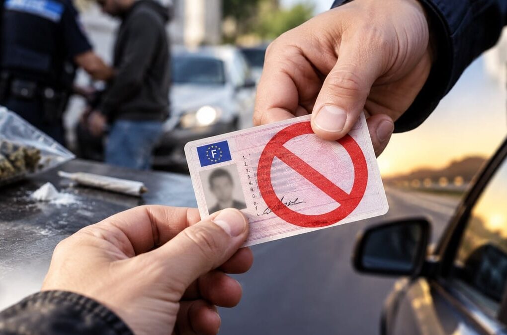 Un permis de conduire illustrant une suspension administrative liée à l’usage de stupéfiants.