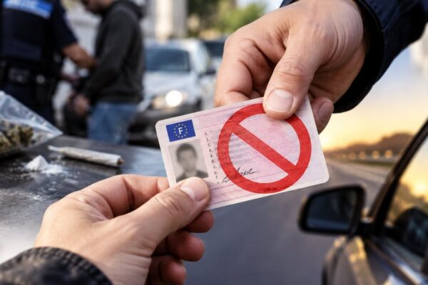 Un permis de conduire illustrant une suspension administrative liée à l’usage de stupéfiants.