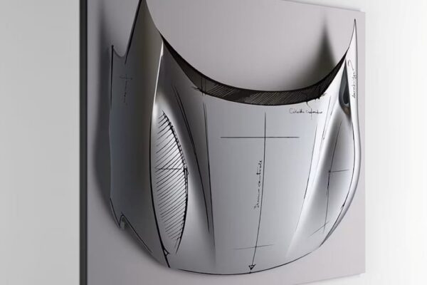 Un panneau de carrosserie Ferrari Sketch Body encadré et décoré de croquis automobiles.