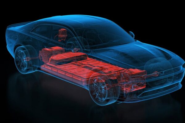 Schéma d’une batterie haute tension séparée d’une voiture électrique.