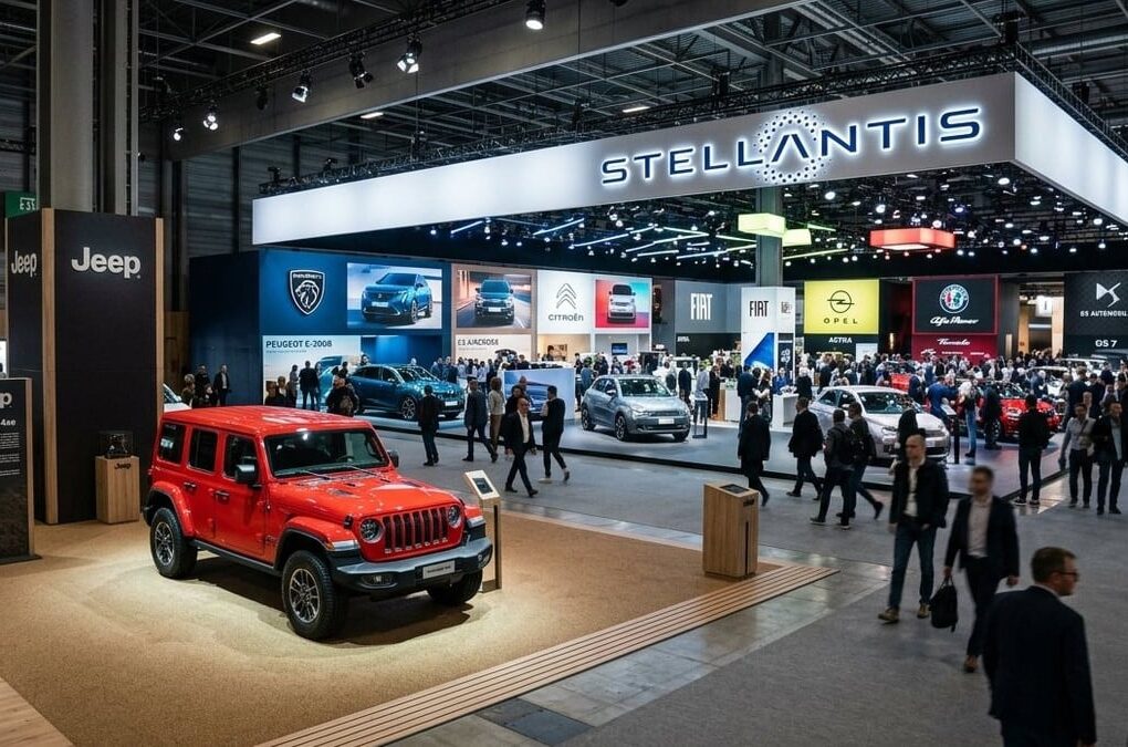 Un véhicule Jeep présenté sur un espace d'exposition automobile.