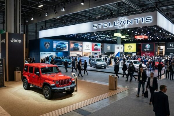 Un véhicule Jeep présenté sur un espace d'exposition automobile.