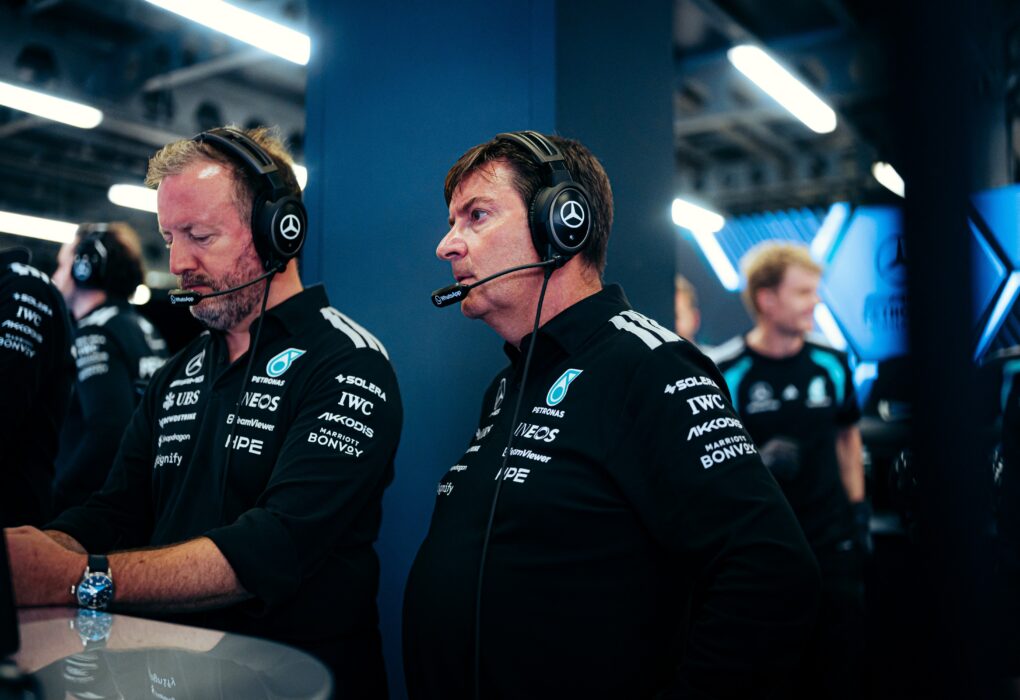 Une monoplace Mercedes engagée en Formule 1.