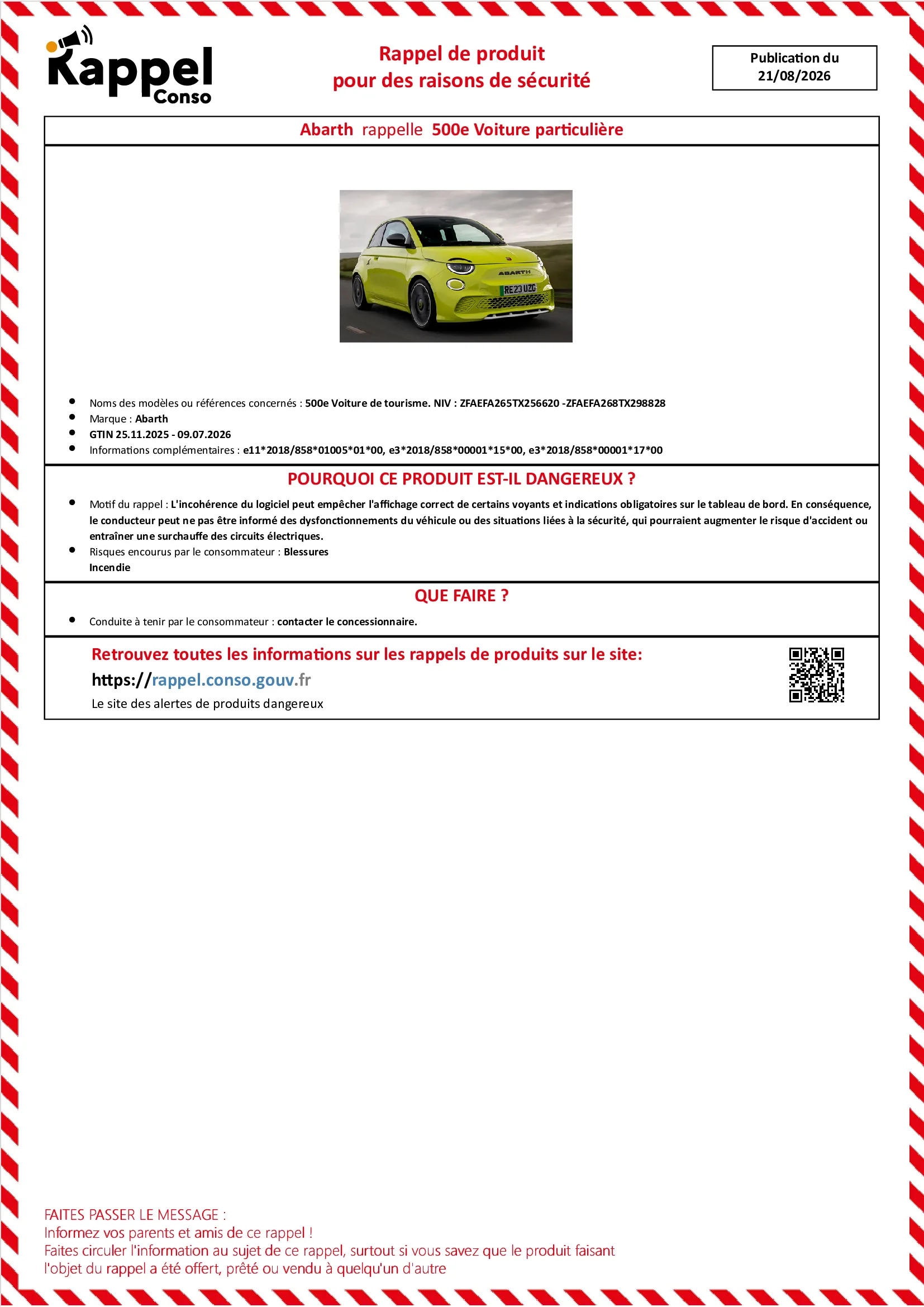 Affichette officielle de rappel constructeur Abarth - 500e voiture de tourisme. niv : zfaefa265tx256620 -zfaefa268tx298828