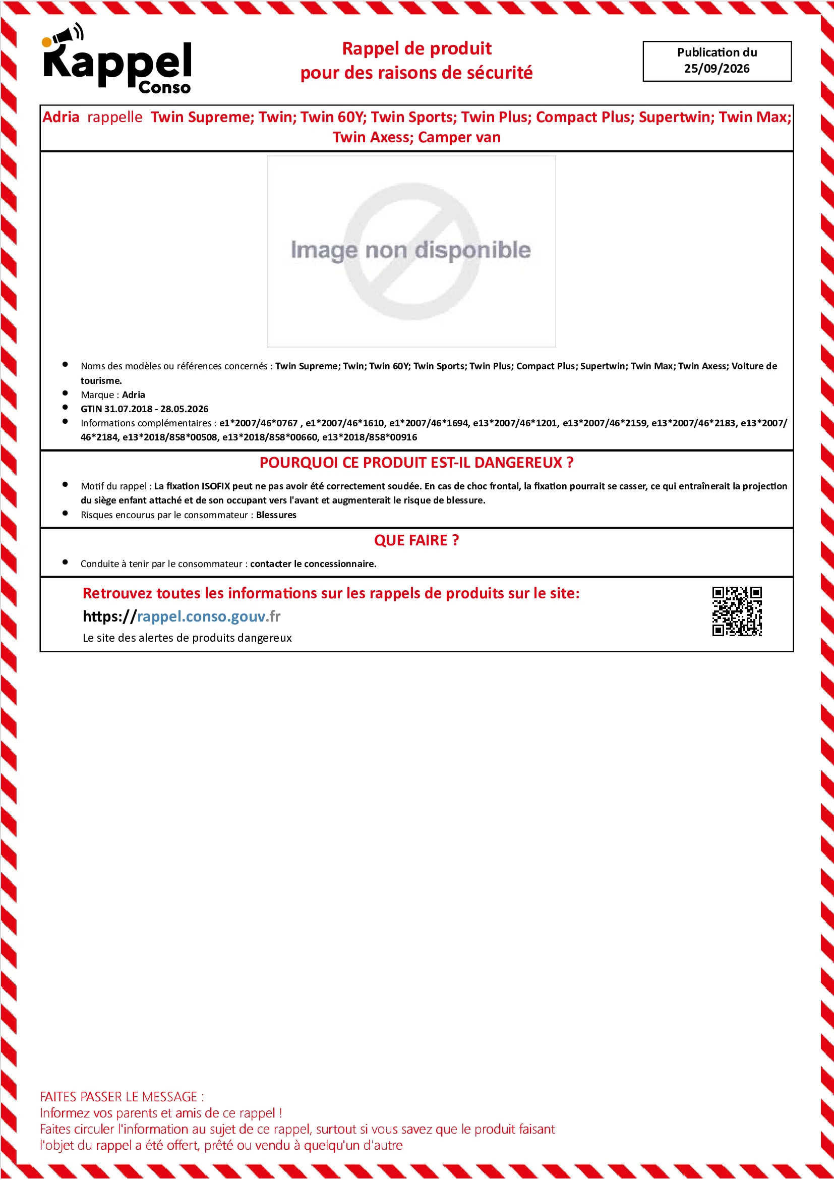Affichette officielle de rappel constructeur Adria - Twin supreme twin twin 60y twin sports twin plus compact plus supertwin twin max twin axess voiture de tourisme.