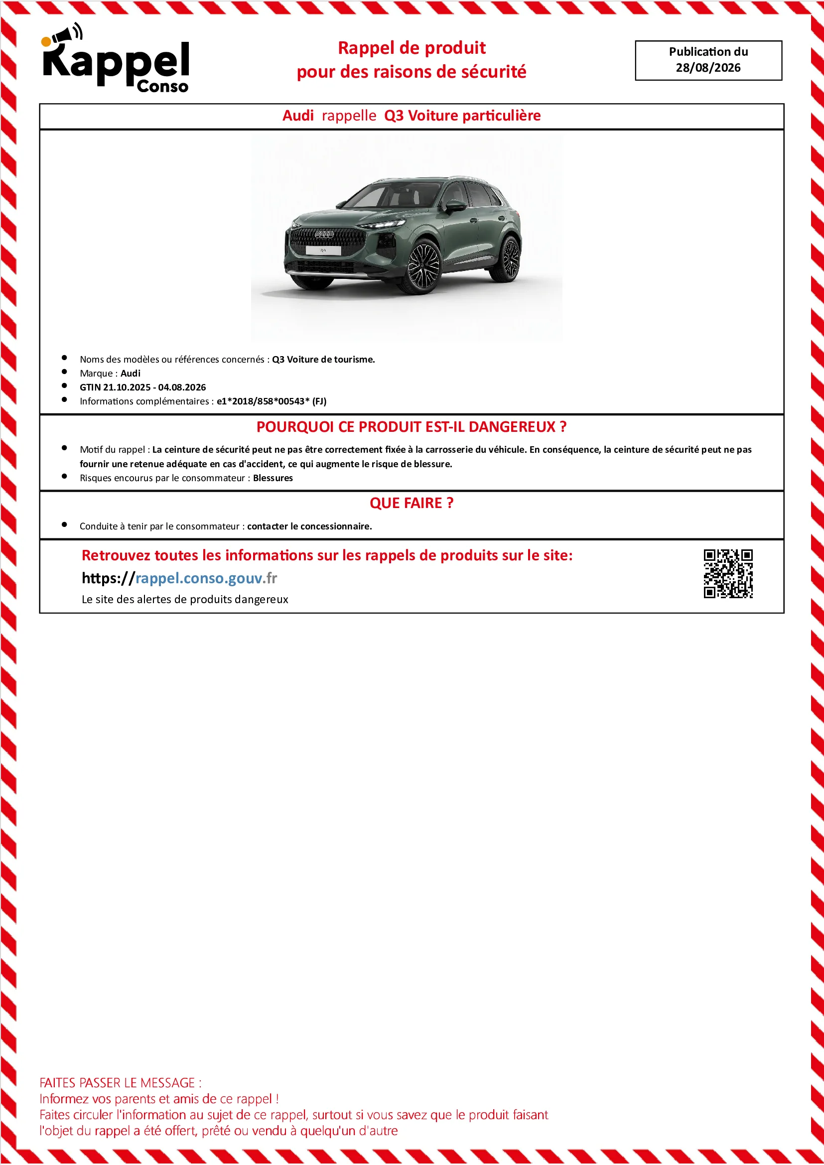 Affichette officielle de rappel constructeur Audi - Q3 voiture de tourisme.