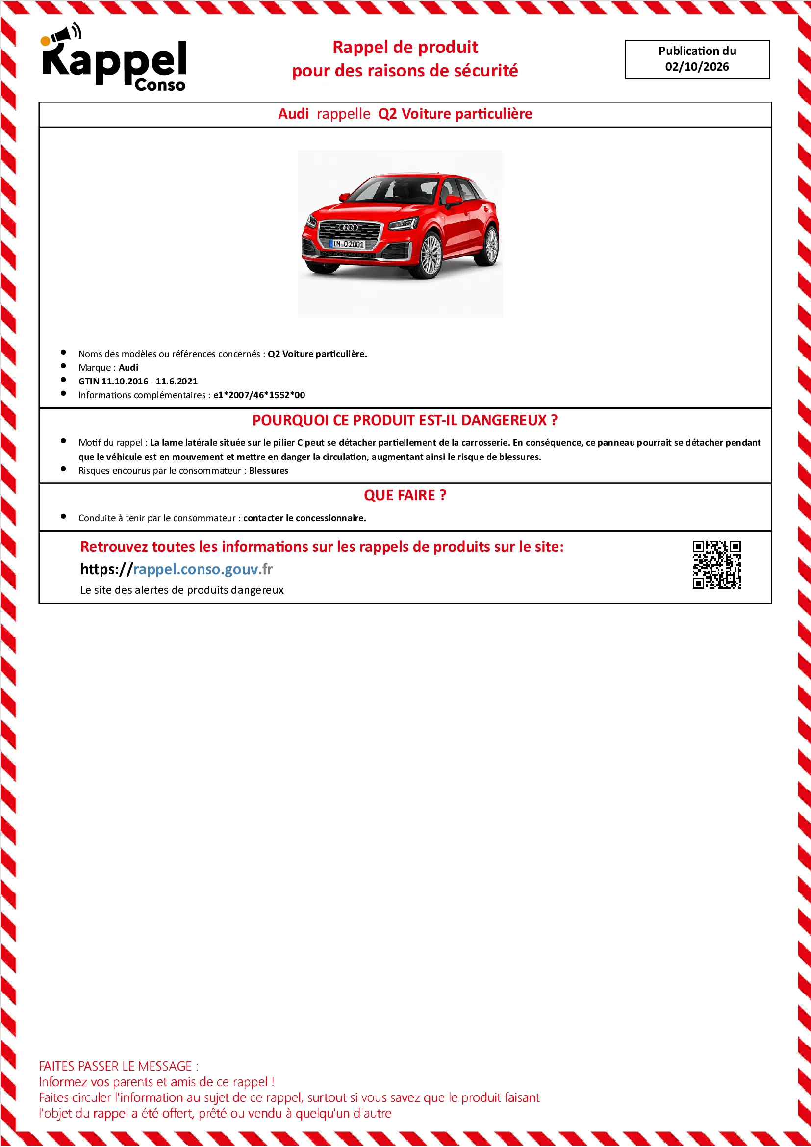 Affichette officielle de rappel constructeur Audi - Q2 voiture particulière.