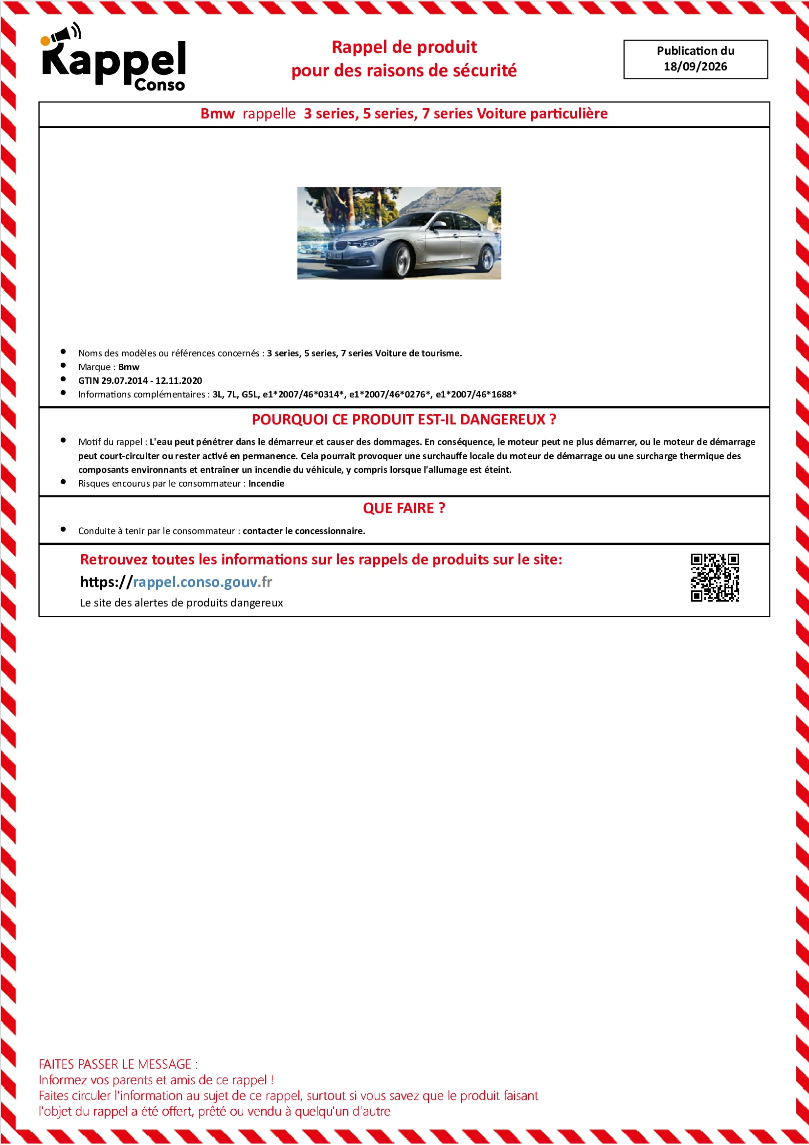 Affichette officielle de rappel constructeur Bmw - 3 series, 5 series, 7 series voiture de tourisme.