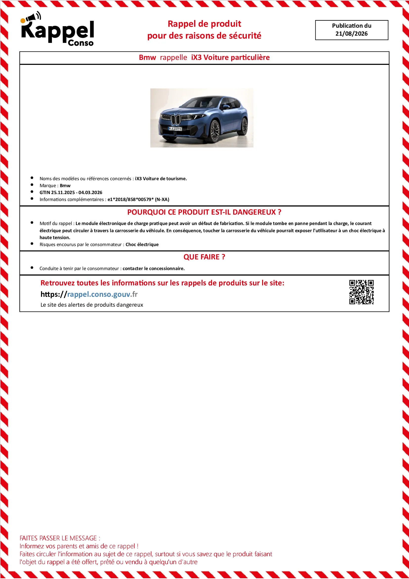 Affichette officielle de rappel constructeur Bmw - Ix3 voiture de tourisme.