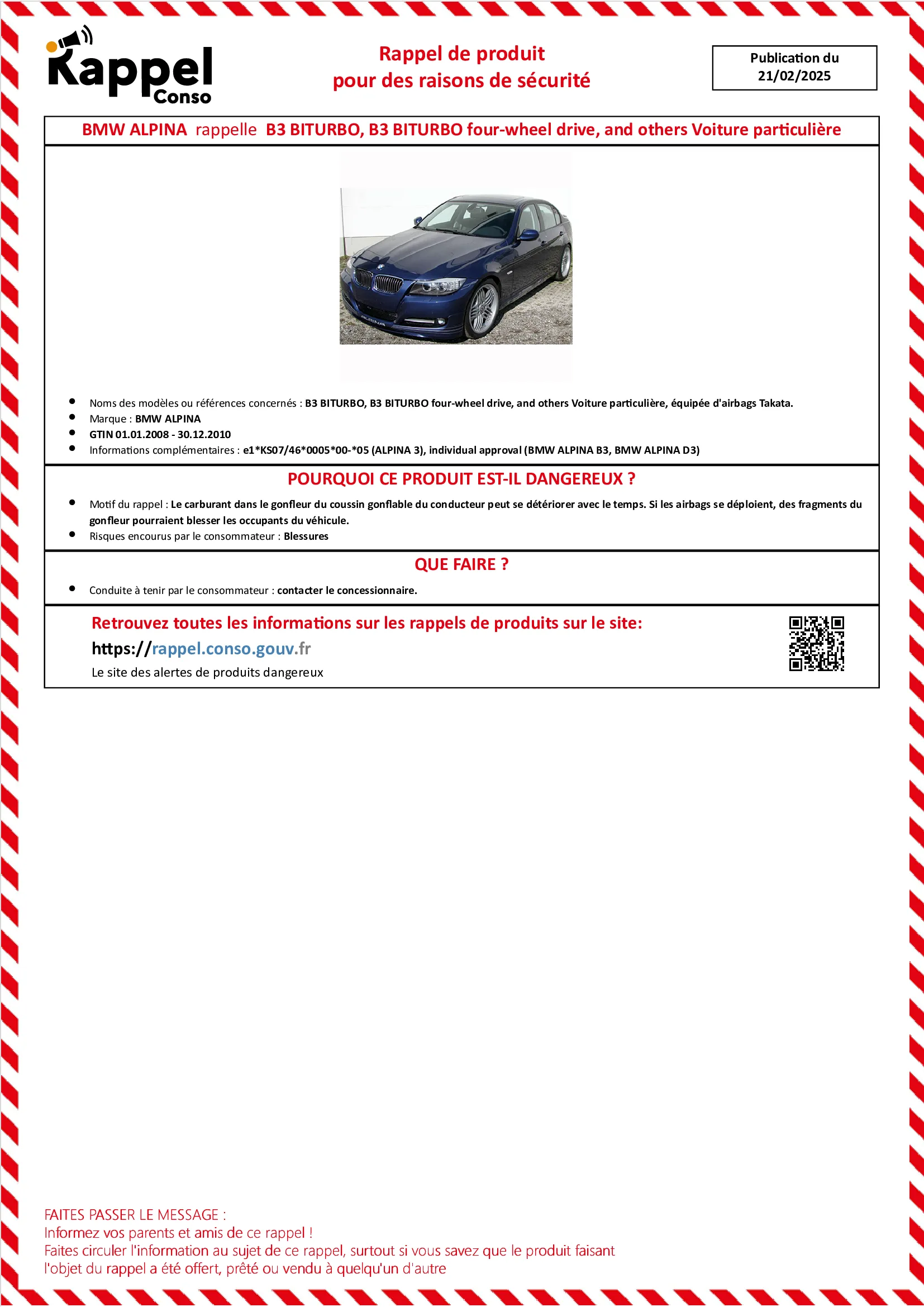 Affichette officielle de rappel constructeur Bmw alpina - B3 biturbo, B3 biturbo four-wheel drive, And others voiture particulière, Équipée d'airbags takata.