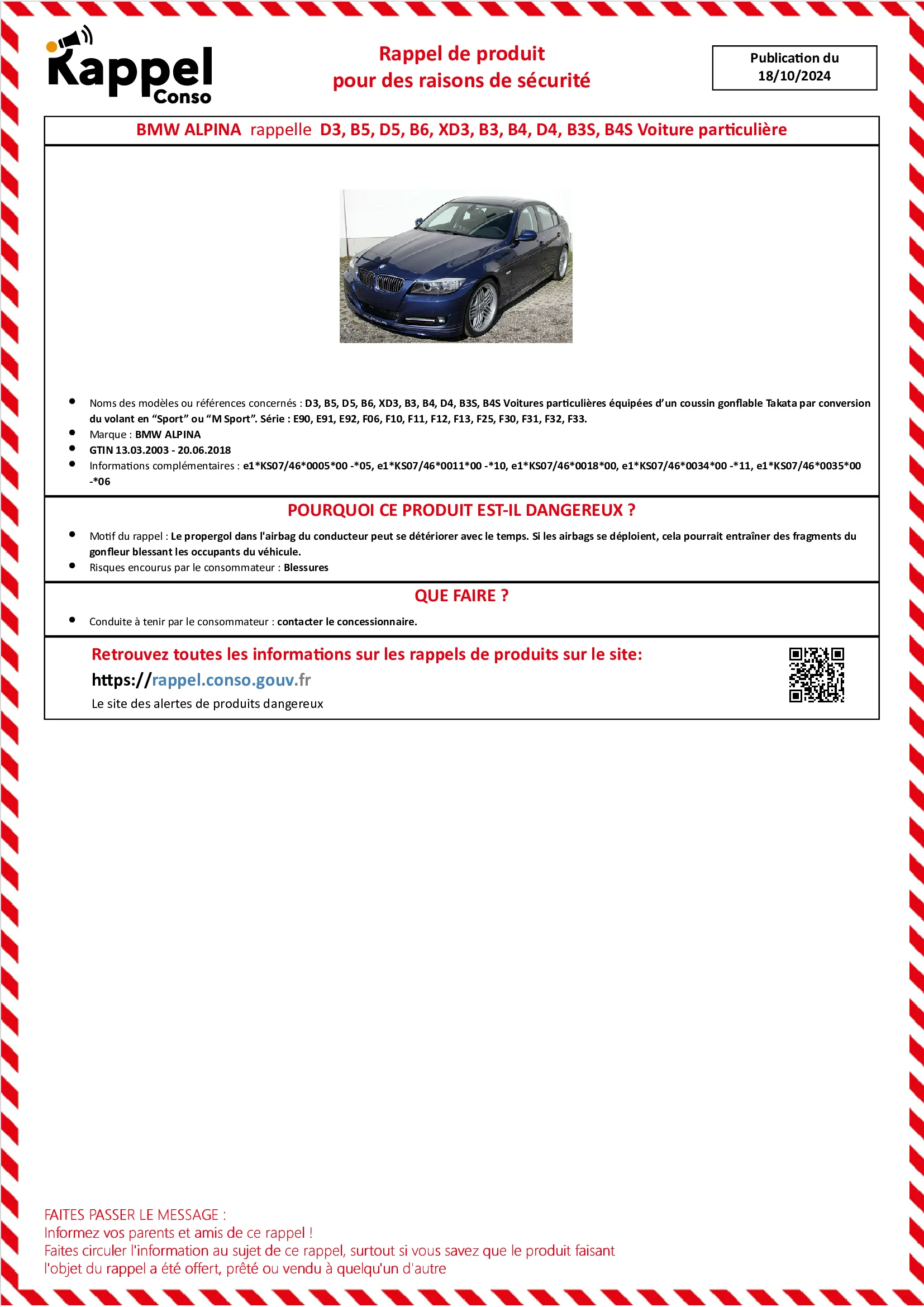 Affichette officielle de rappel constructeur Bmw alpina - D3, B5, D5, B6, Xd3