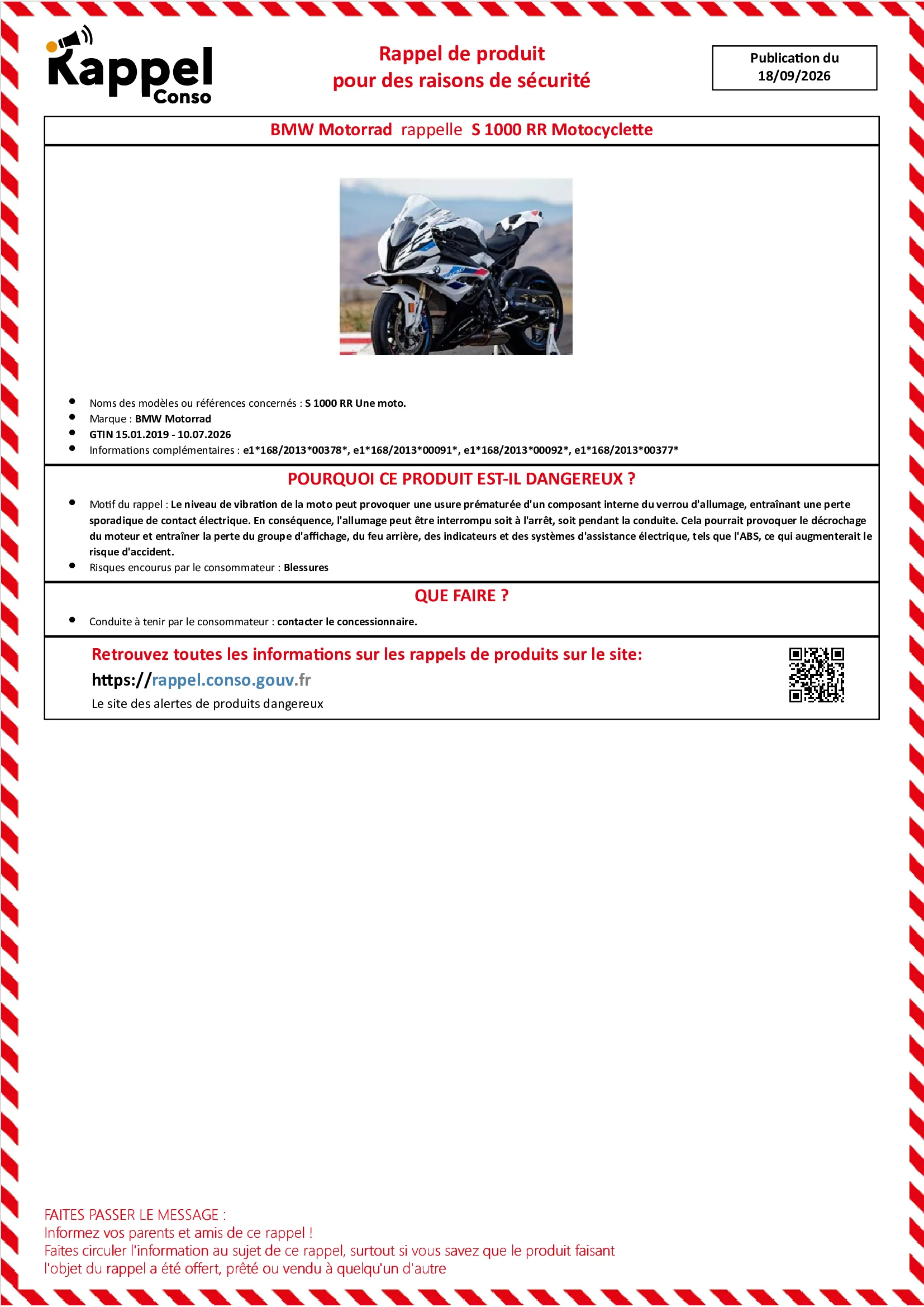 Affichette officielle de rappel constructeur Bmw motorrad - S 1000 rr une moto.