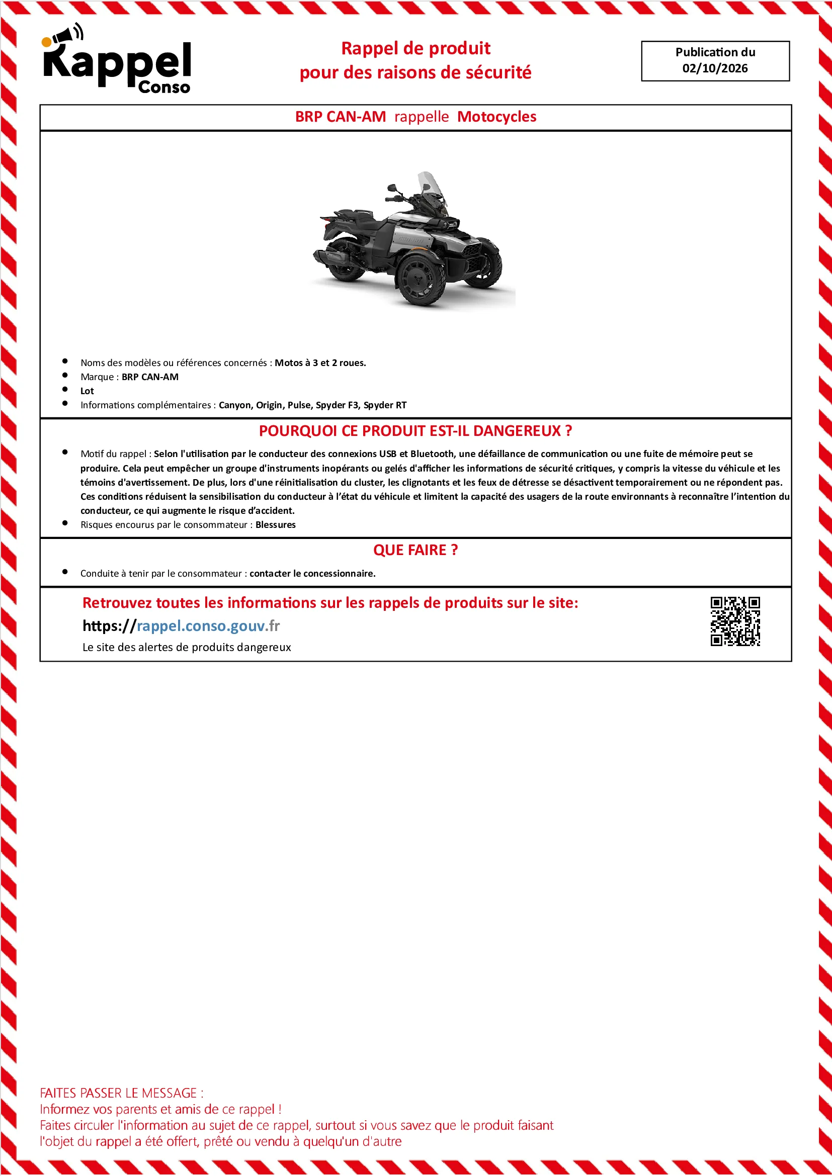 Affichette officielle de rappel constructeur Brp can-am - Motos à 3 et 2 roues.