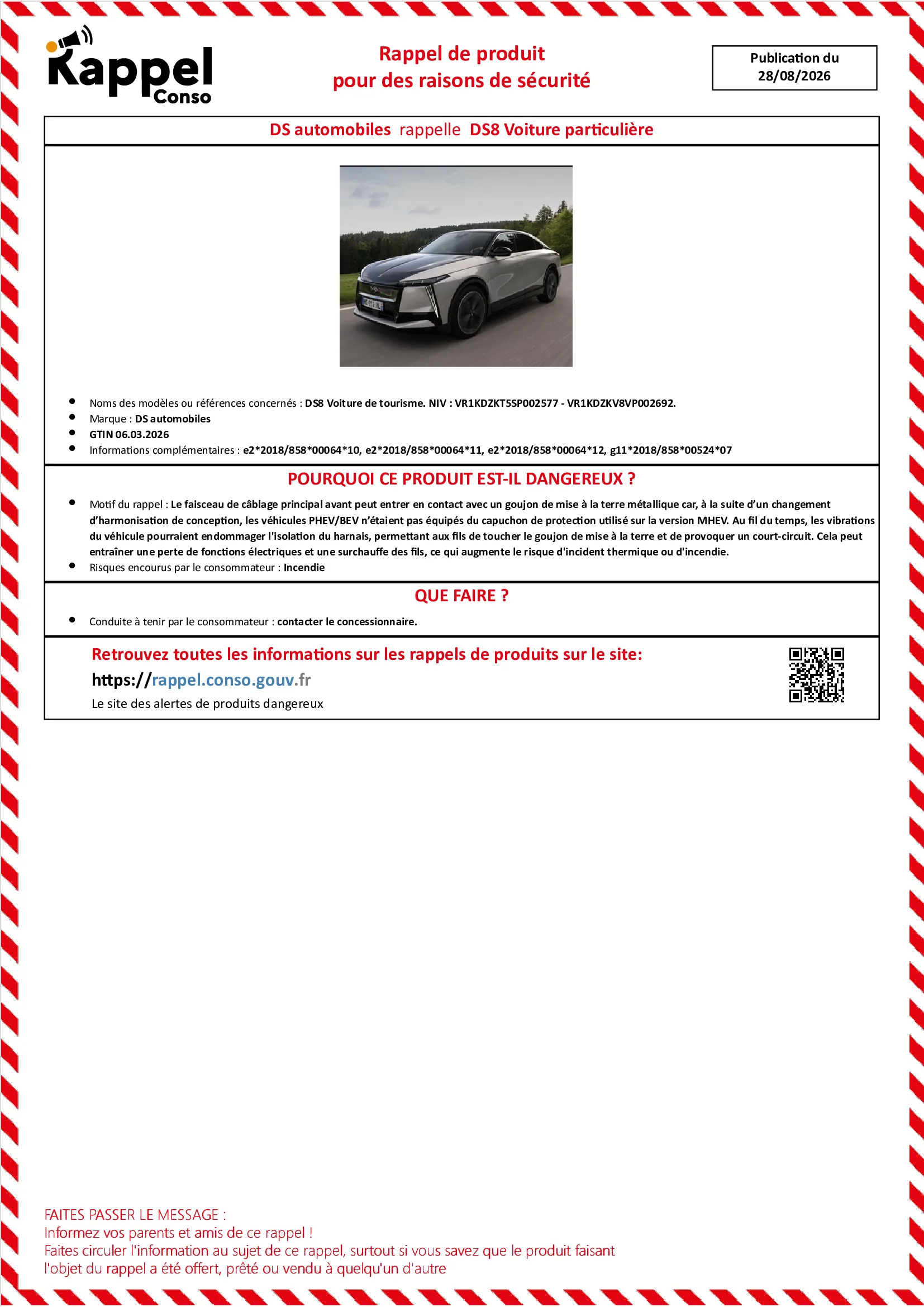 Affichette officielle de rappel constructeur Ds automobiles - Ds8 voiture de tourisme. niv : vr1kdzkt5sp002577 - vr1kdzkv8vp002692.