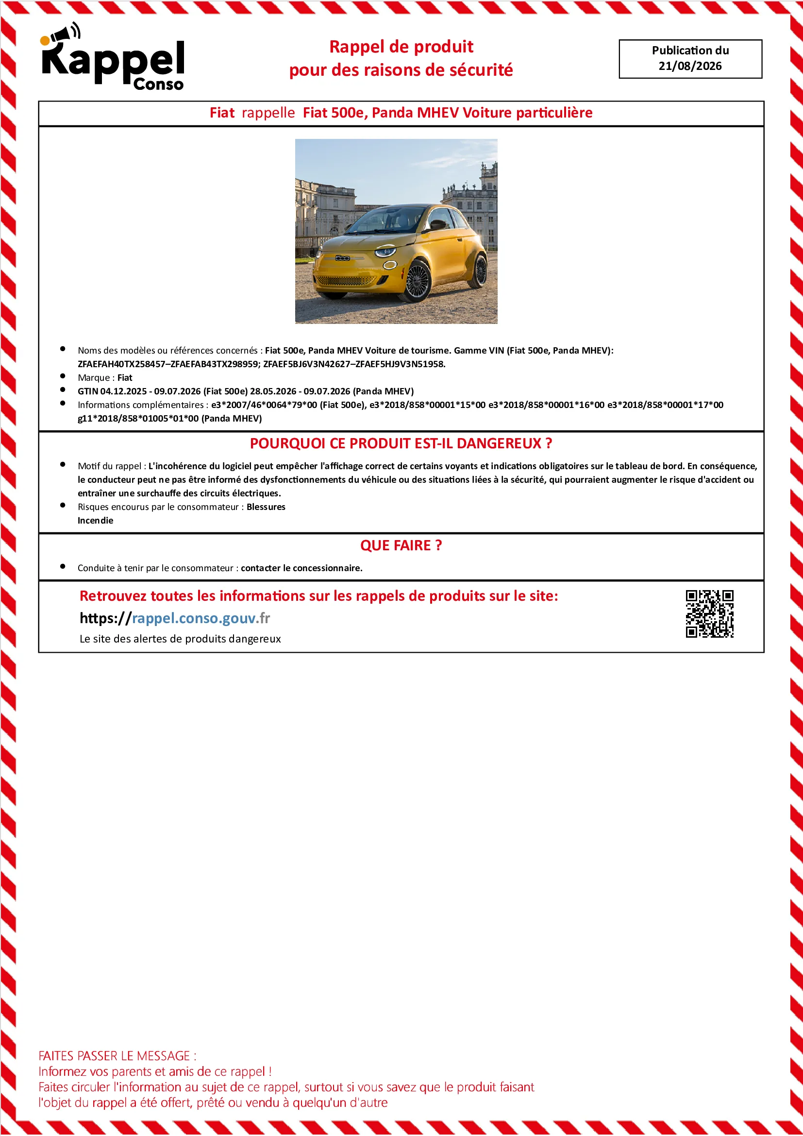 Affichette officielle de rappel constructeur Fiat - Fiat 500e, Panda mhev voiture de tourisme. gamme vin (fiat 500e, Panda mhev): zfaefah40tx258457–zfaefab43tx298959 zfaef5bj6v3n42627–zfaef5hj9v3n51958.