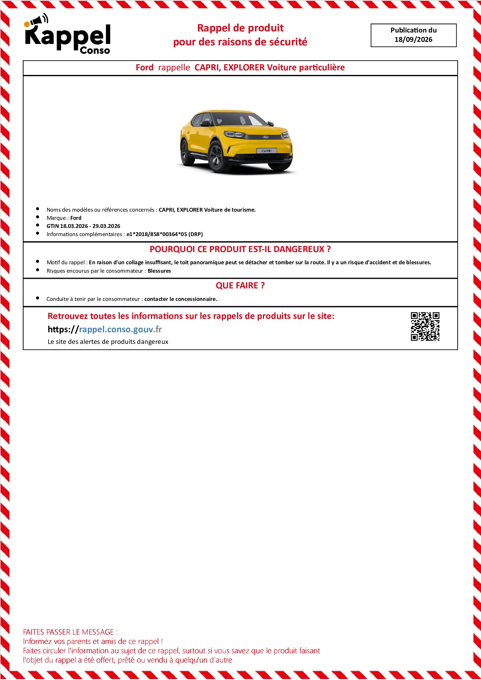 Affichette officielle de rappel constructeur Ford - Capri, Explorer voiture de tourisme.