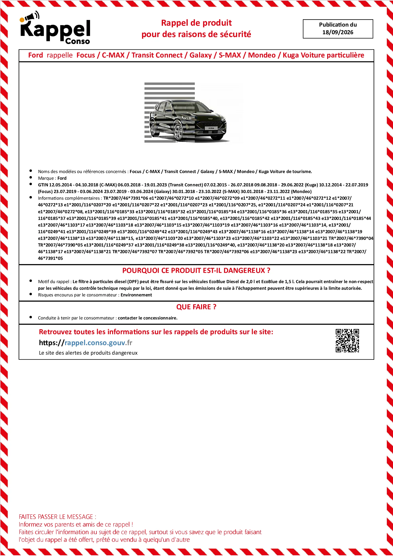 Affichette officielle de rappel constructeur Ford - Focus, C-max, Transit connect, Galaxy, S-max