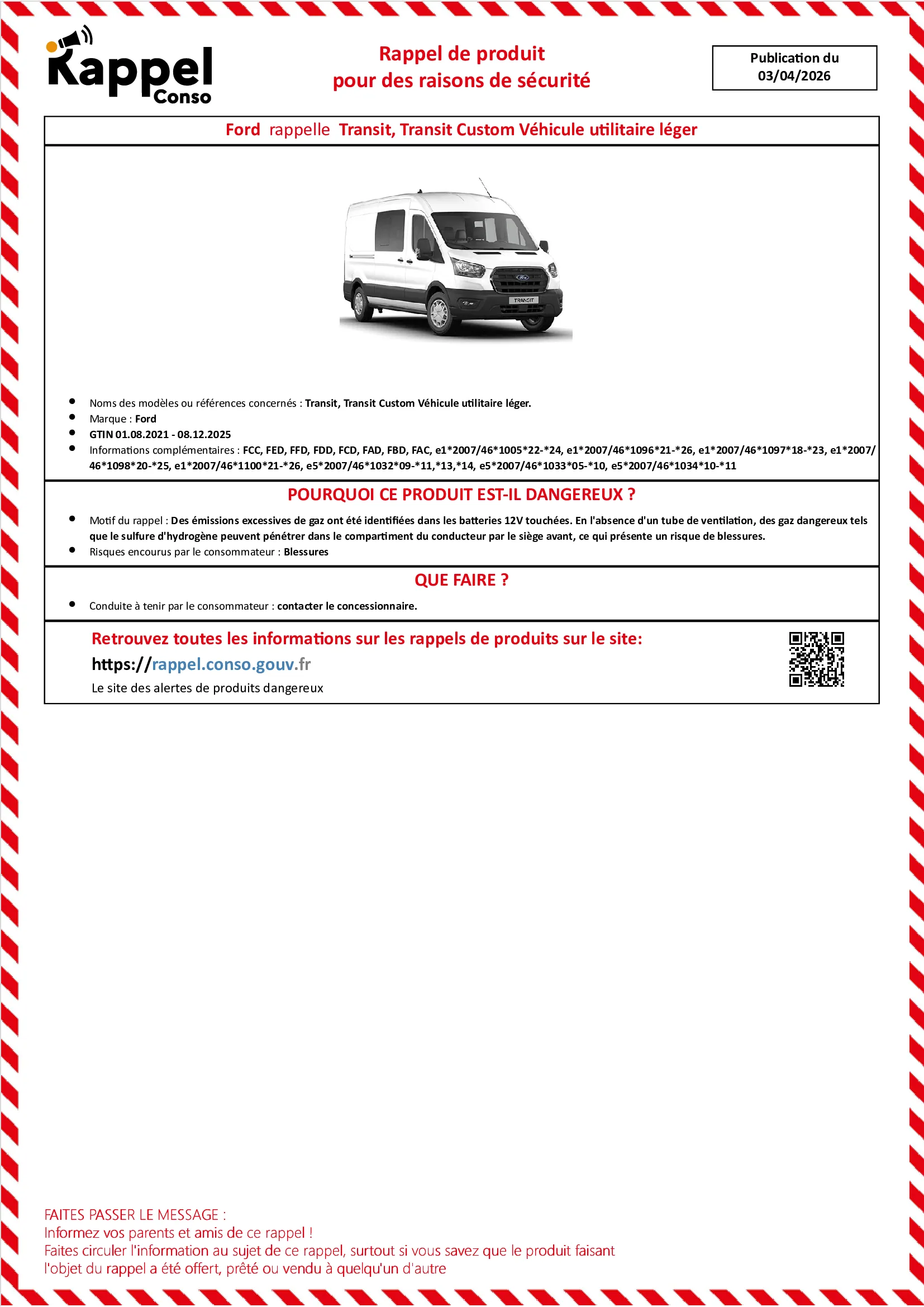 Affichette officielle de rappel constructeur Ford - Transit, Transit custom véhicule utilitaire léger.