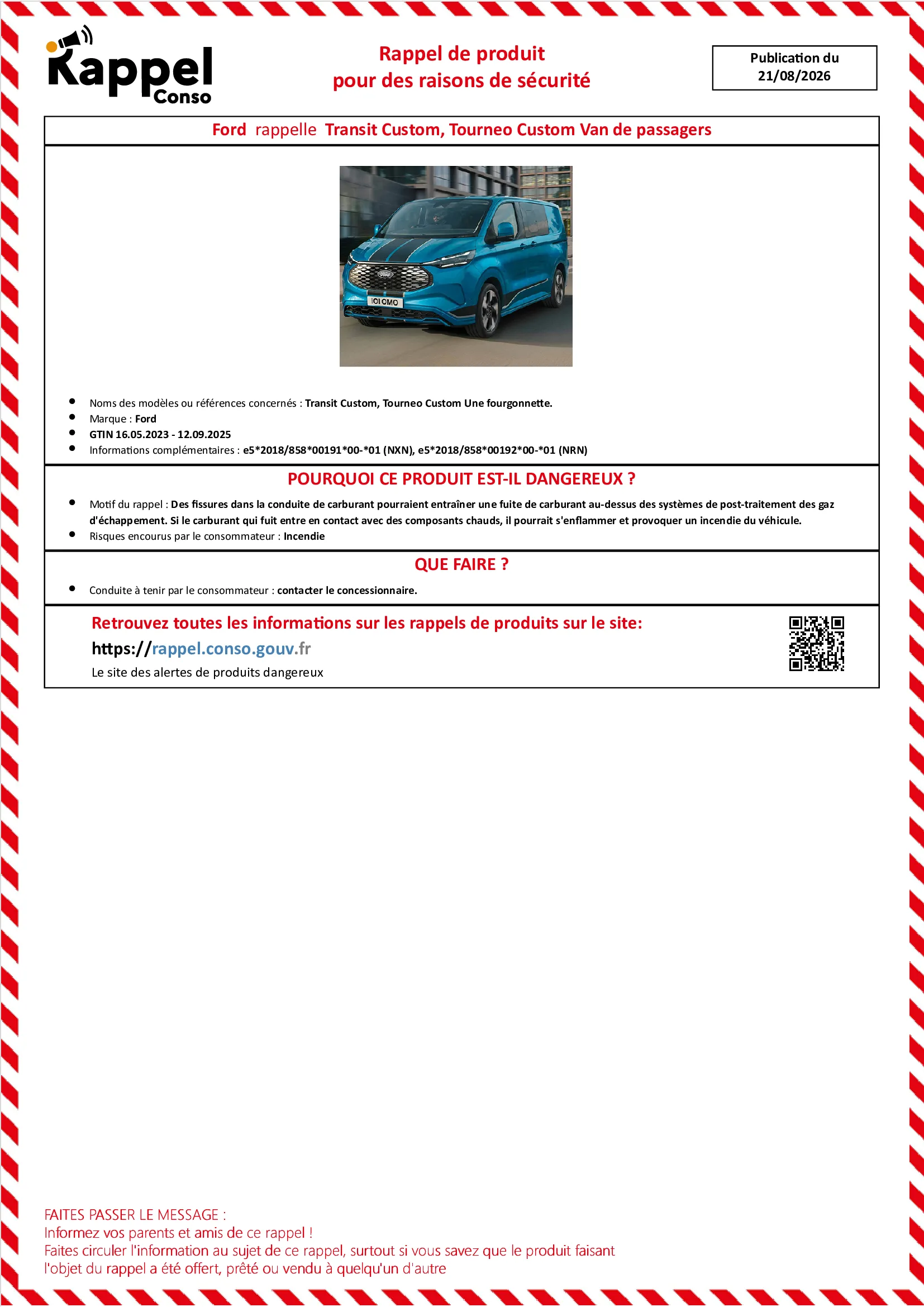Affichette officielle de rappel constructeur Ford - Transit custom, Tourneo custom une fourgonnette.