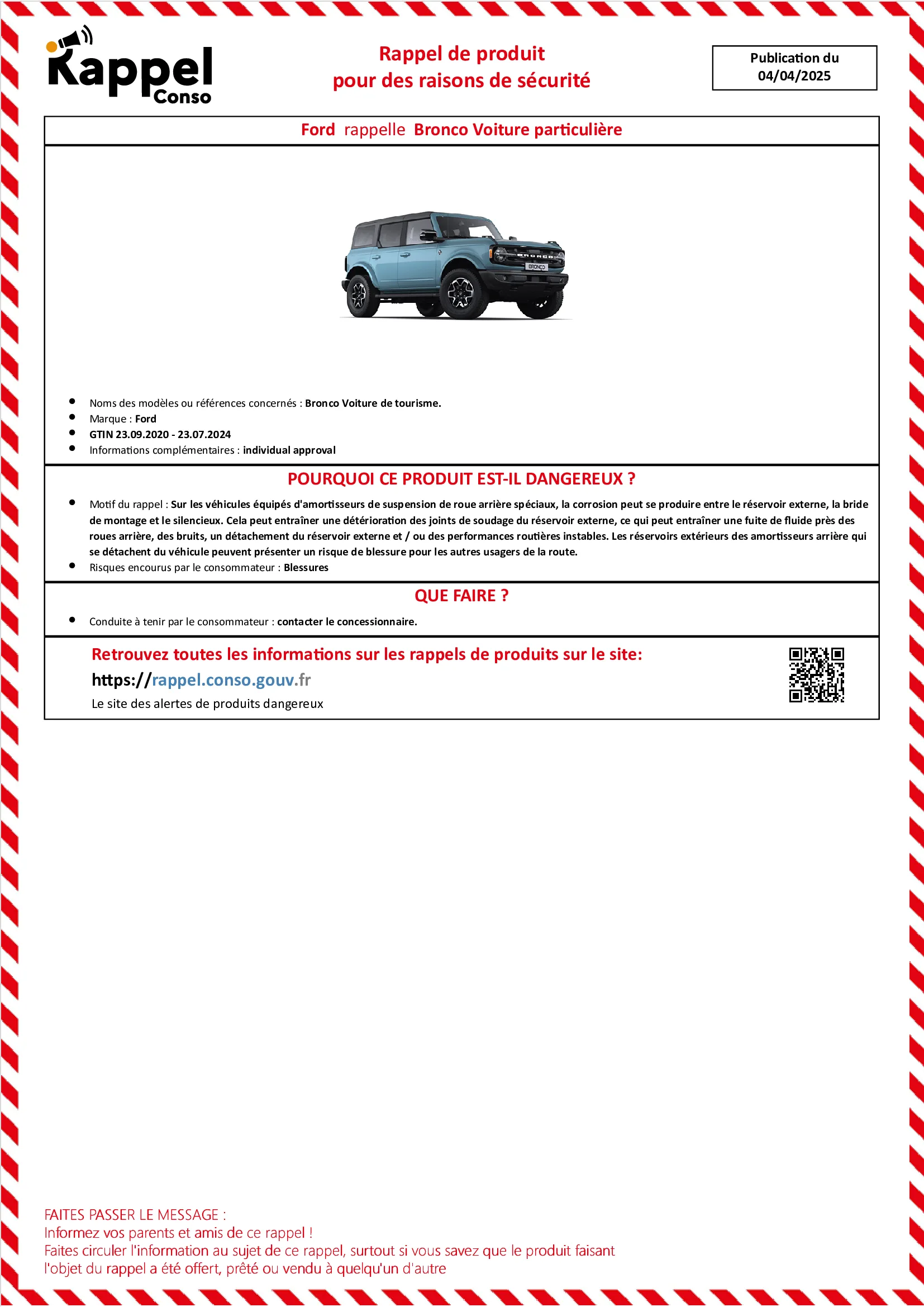 Affichette officielle de rappel constructeur Ford - Bronco voiture de tourisme.