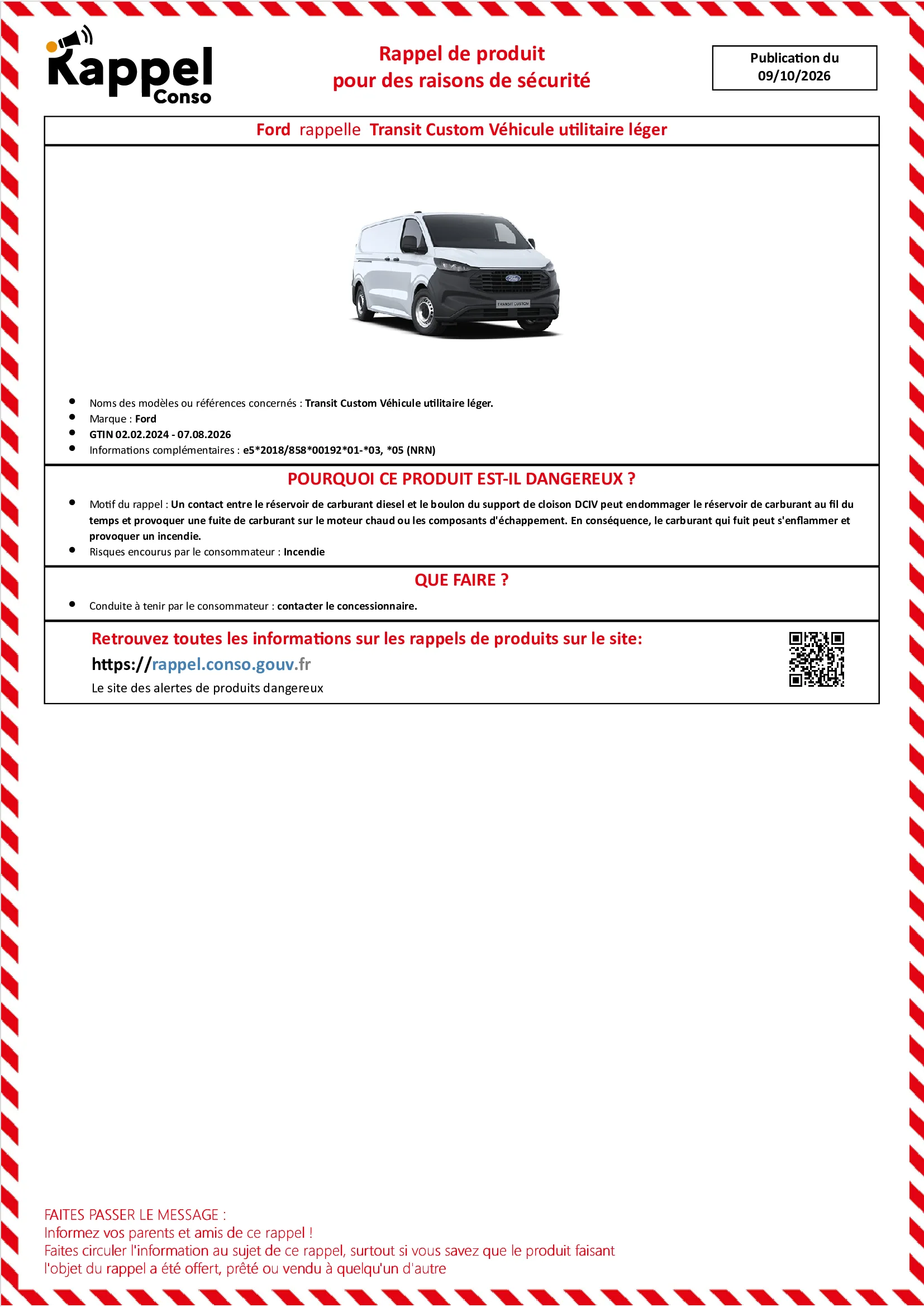 Affichette officielle de rappel constructeur Ford - Transit custom véhicule utilitaire léger.