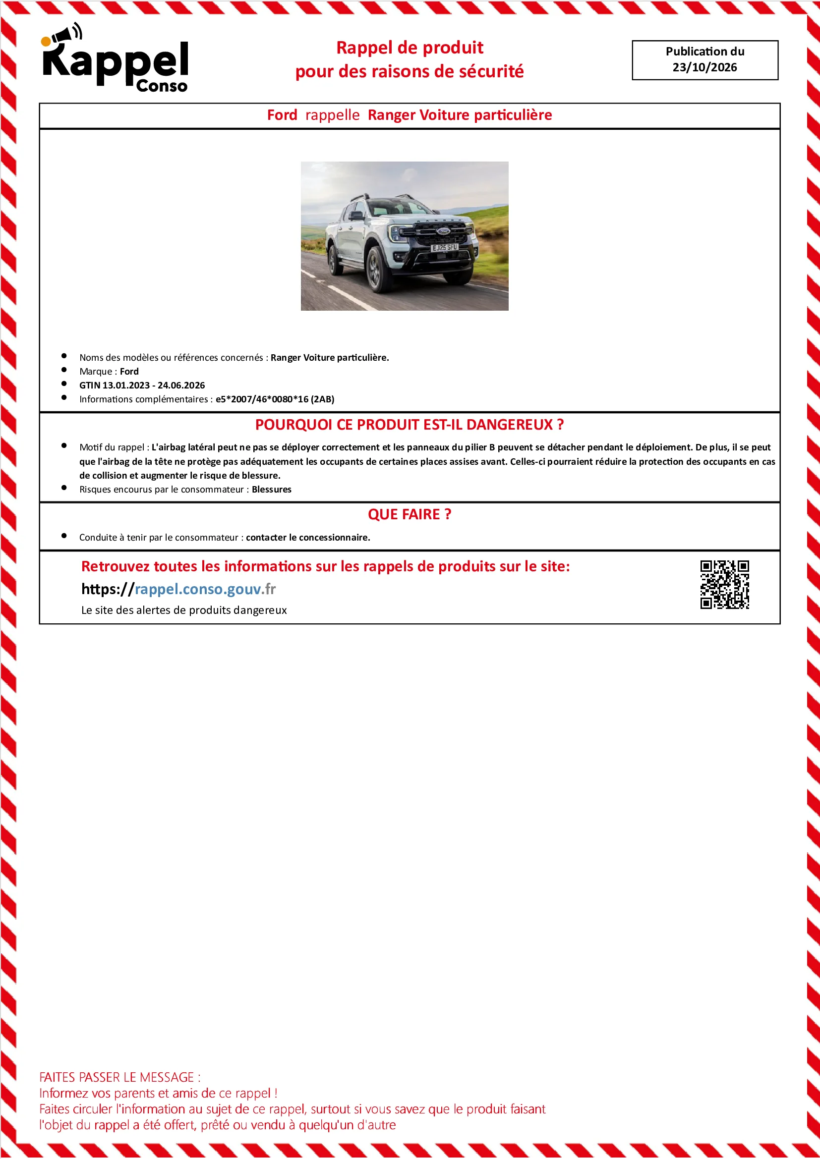 Affichette officielle de rappel constructeur Ford - Ranger voiture particulière.