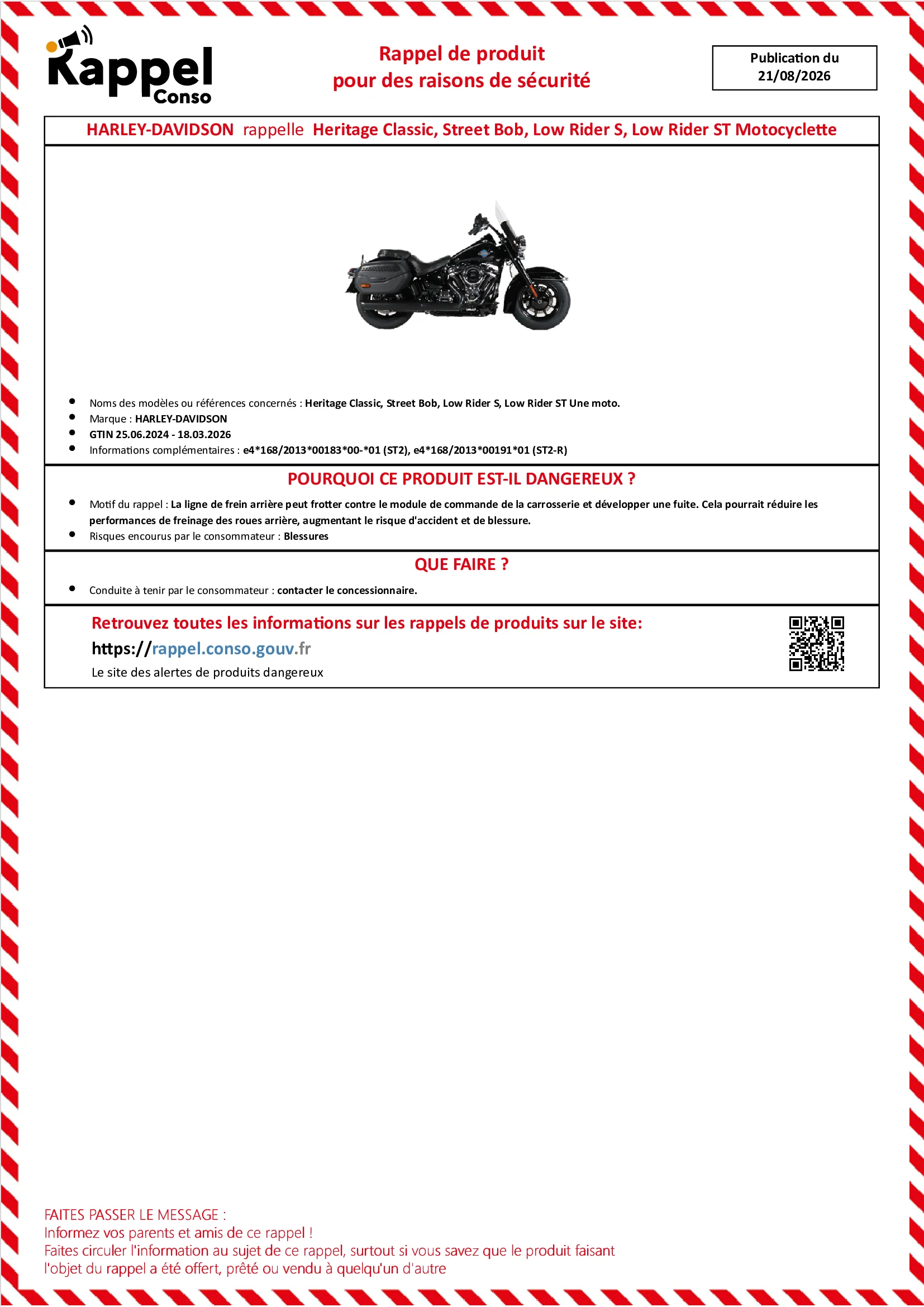 Affichette officielle de rappel constructeur Harley-davidson - Heritage classic, Street bob, Low rider s, Low rider st une moto.