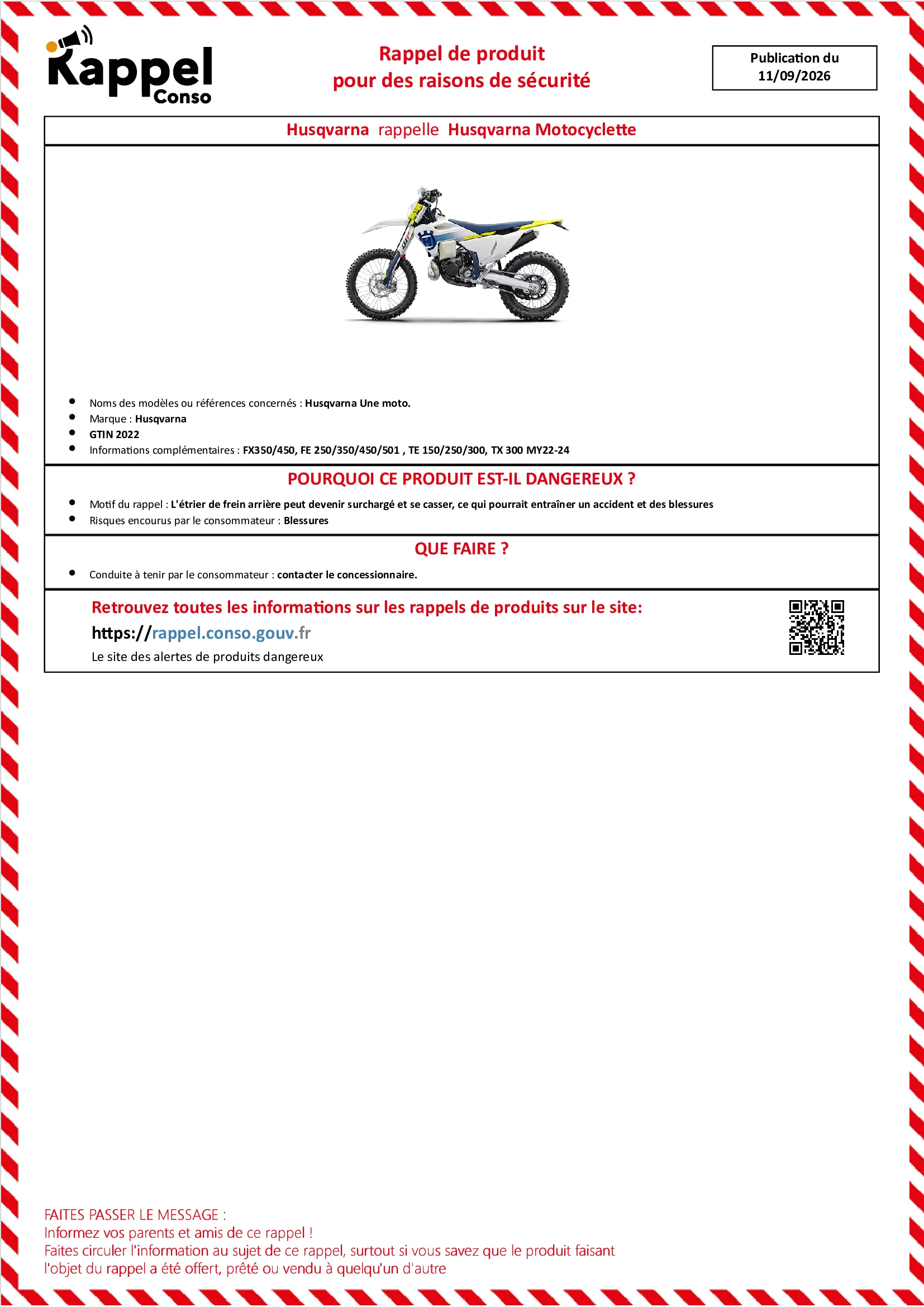 Affichette officielle de rappel constructeur Husqvarna - Husqvarna une moto.