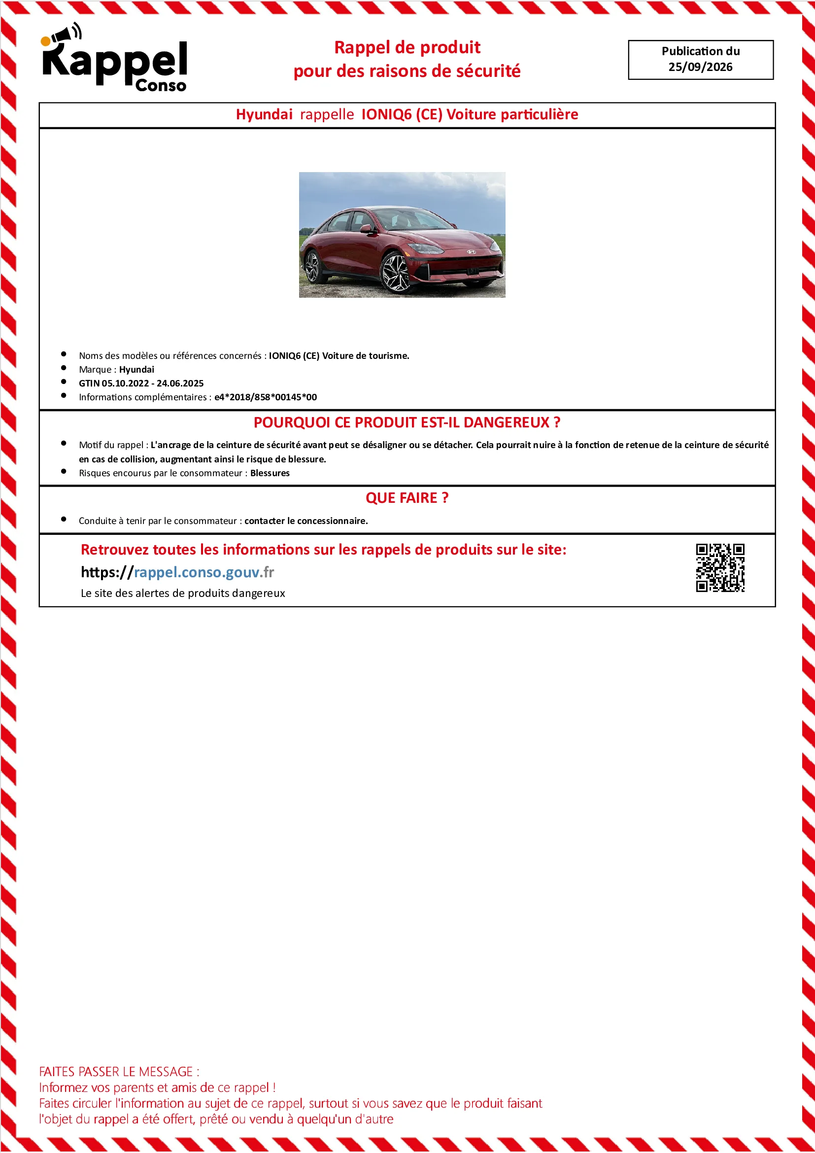 Affichette officielle de rappel constructeur Hyundai - Ioniq6 (ce) voiture de tourisme.