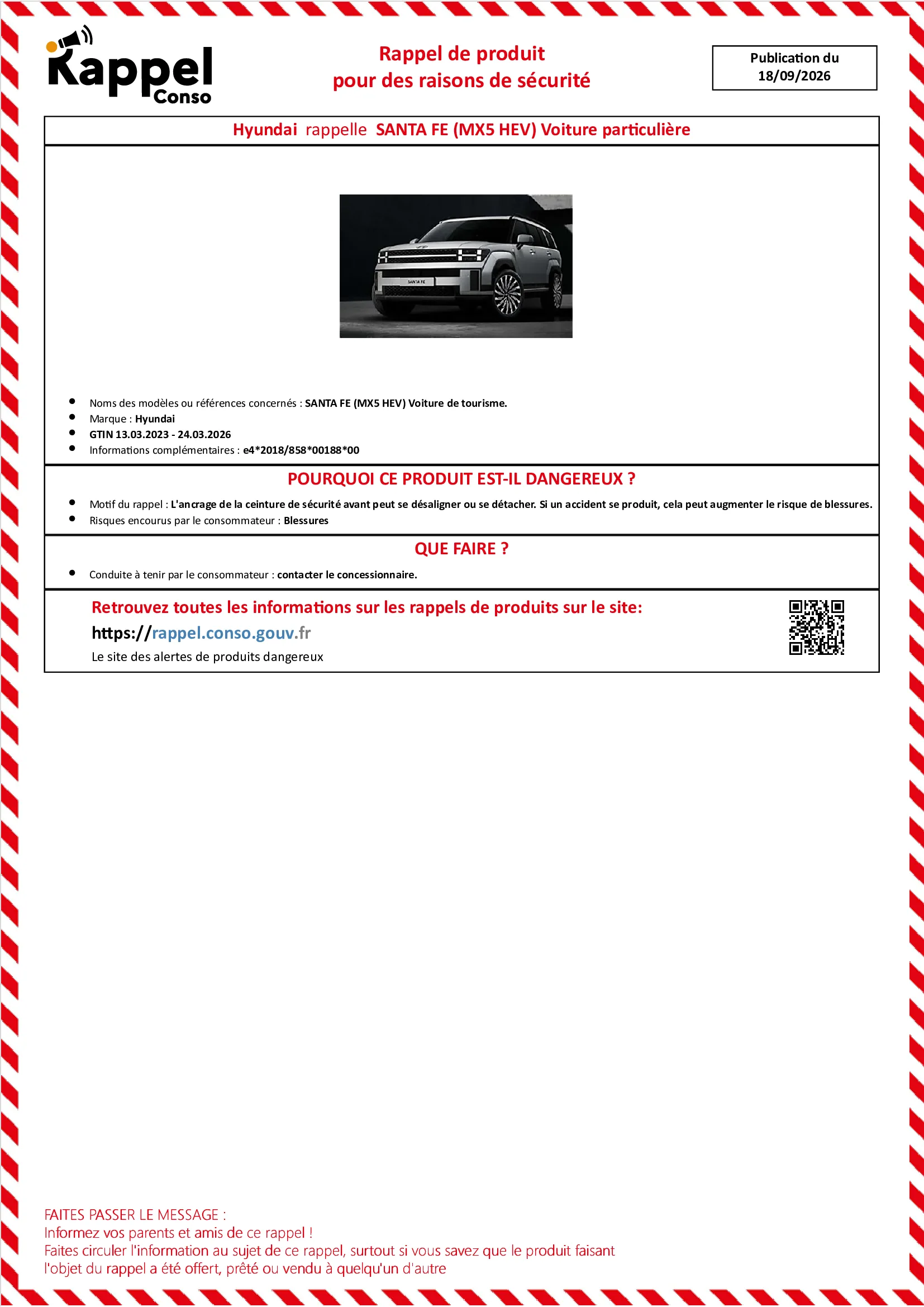 Affichette officielle de rappel constructeur Hyundai - Santa fe (mx5 hev) voiture de tourisme.