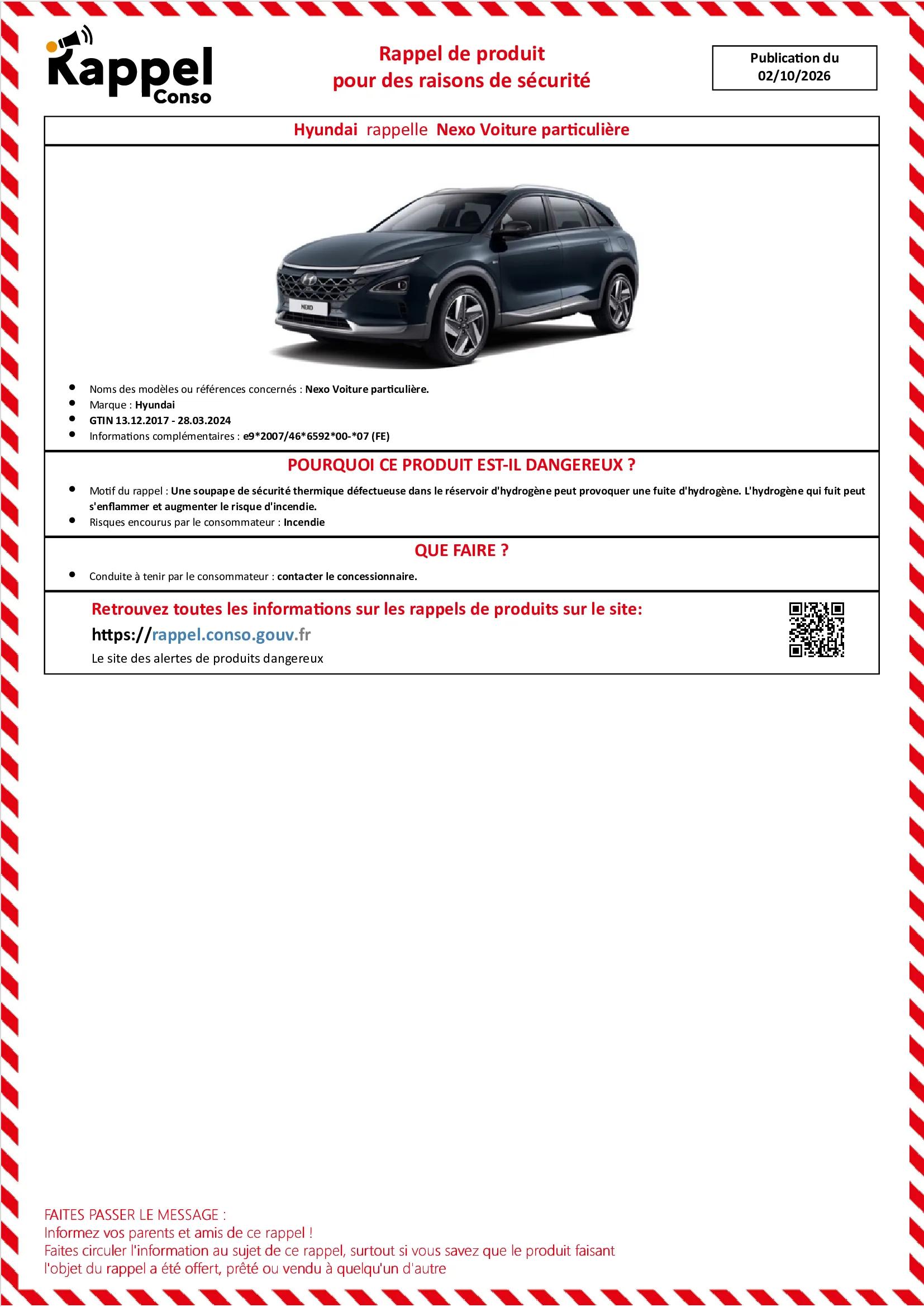 Affichette officielle de rappel constructeur Hyundai - Nexo voiture particulière.