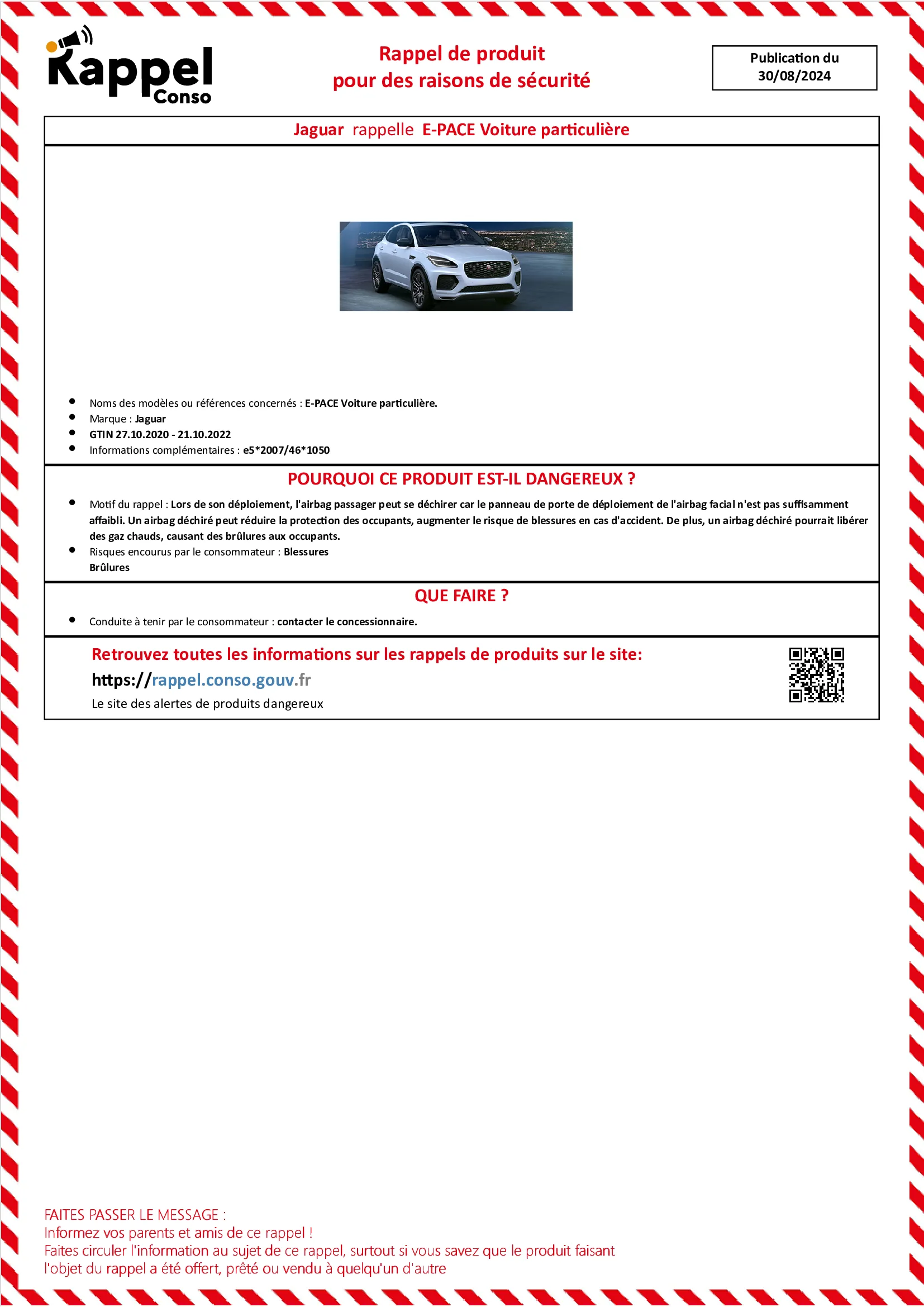 Affichette officielle de rappel constructeur Jaguar - E-pace voiture particulière.