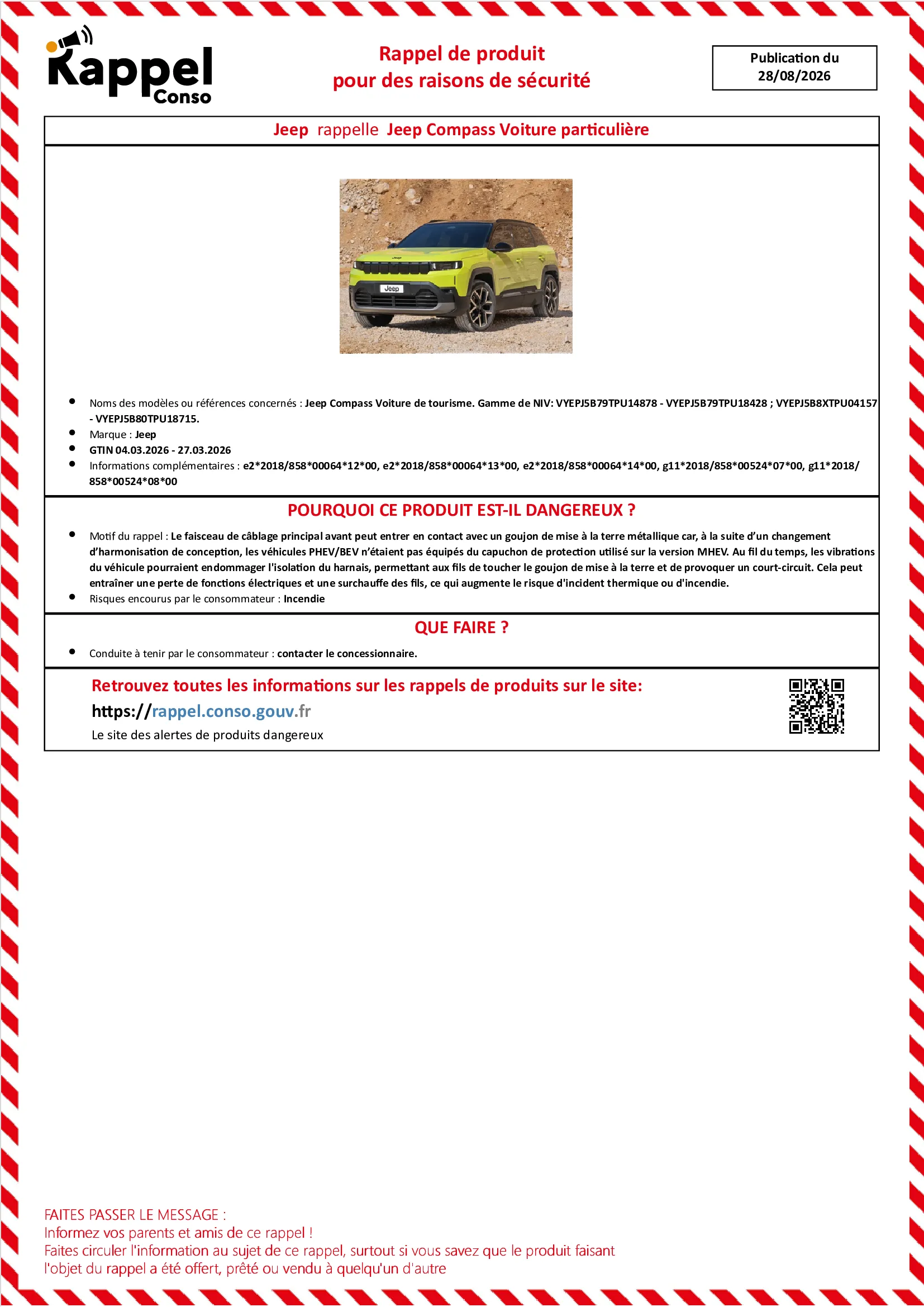 Affichette officielle de rappel constructeur Jeep - Jeep compass voiture de tourisme. gamme de niv: vyepj5b79tpu14878 - vyepj5b79tpu18428 vyepj5b8xtpu04157 - vyepj5b80tpu18715.