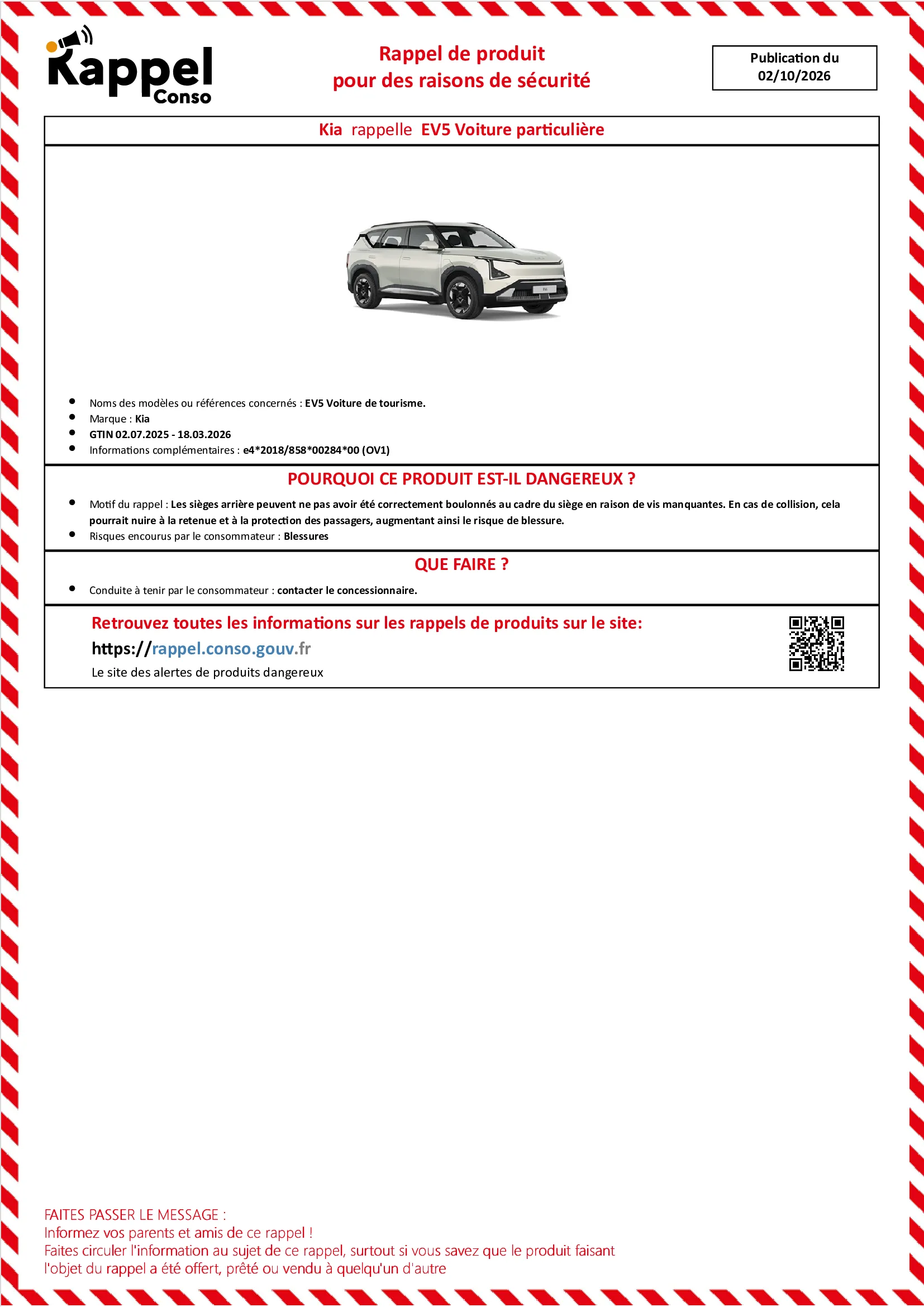 Affichette officielle de rappel constructeur Kia - Ev5 voiture de tourisme.
