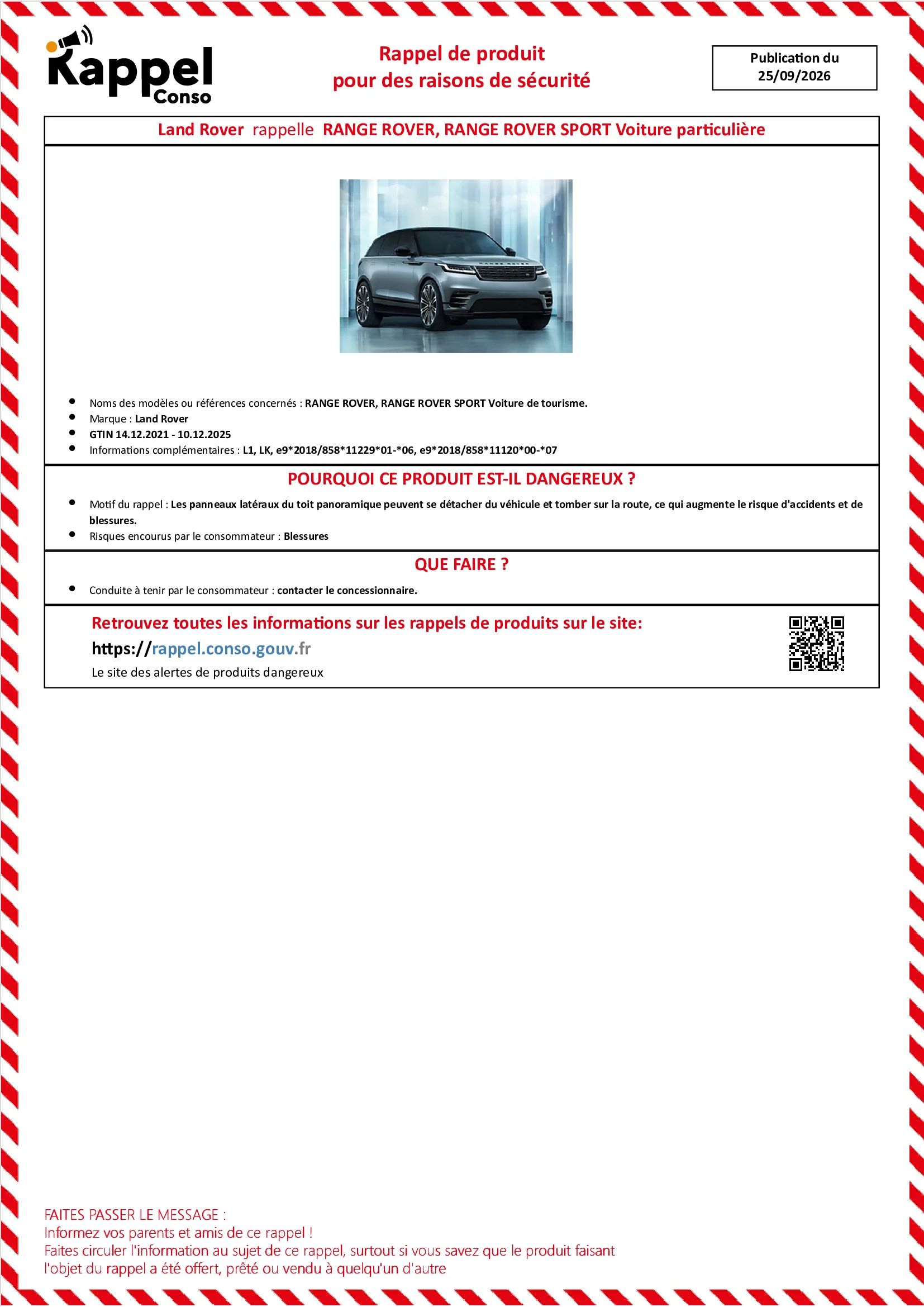 Affichette officielle de rappel constructeur Land rover - Range rover, Range rover sport voiture de tourisme.