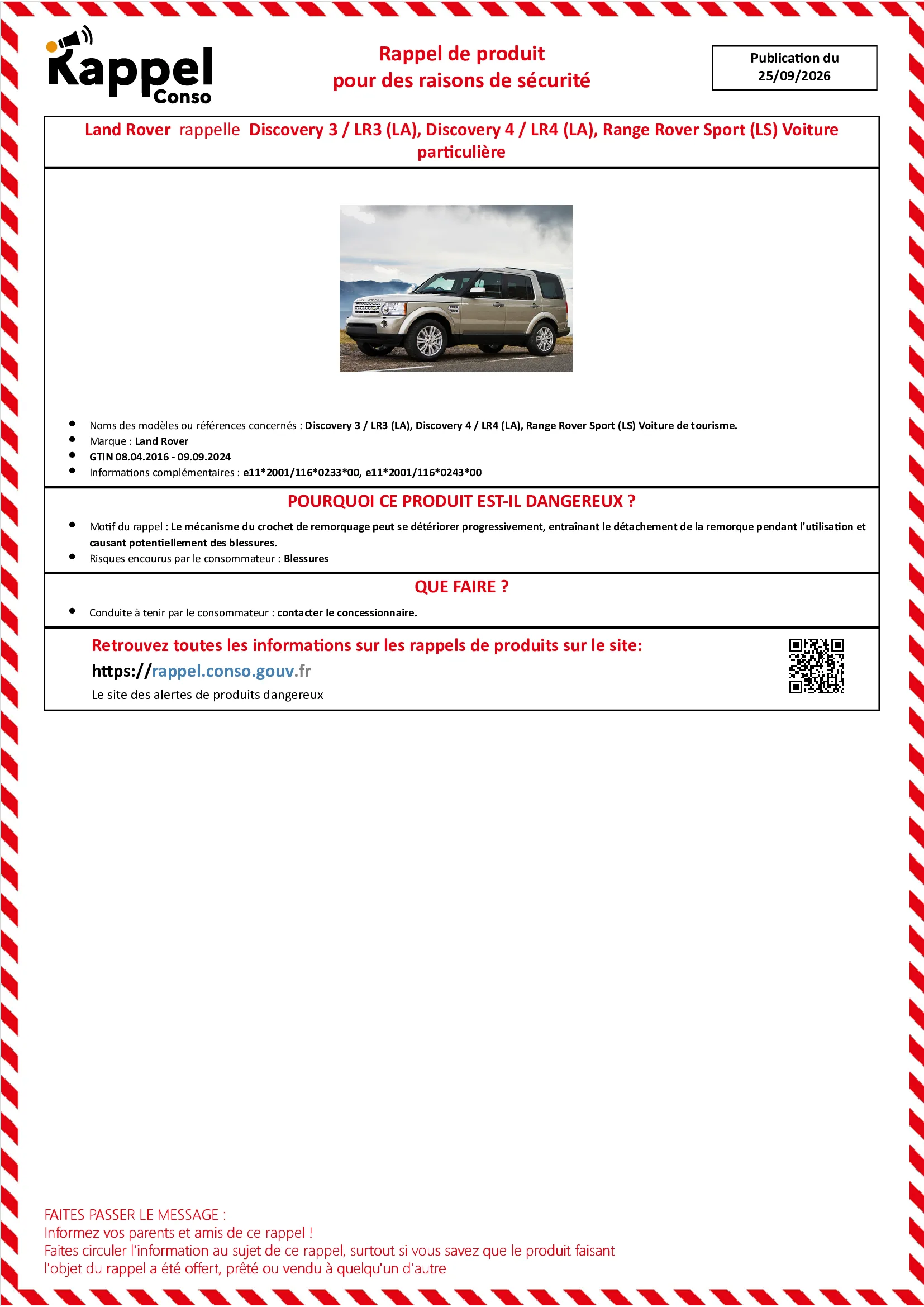 Affichette officielle de rappel constructeur Land rover - Discovery 3, Lr3 (la), Discovery 4, Lr4 (la), Range rover sport (ls) voiture de tourisme.