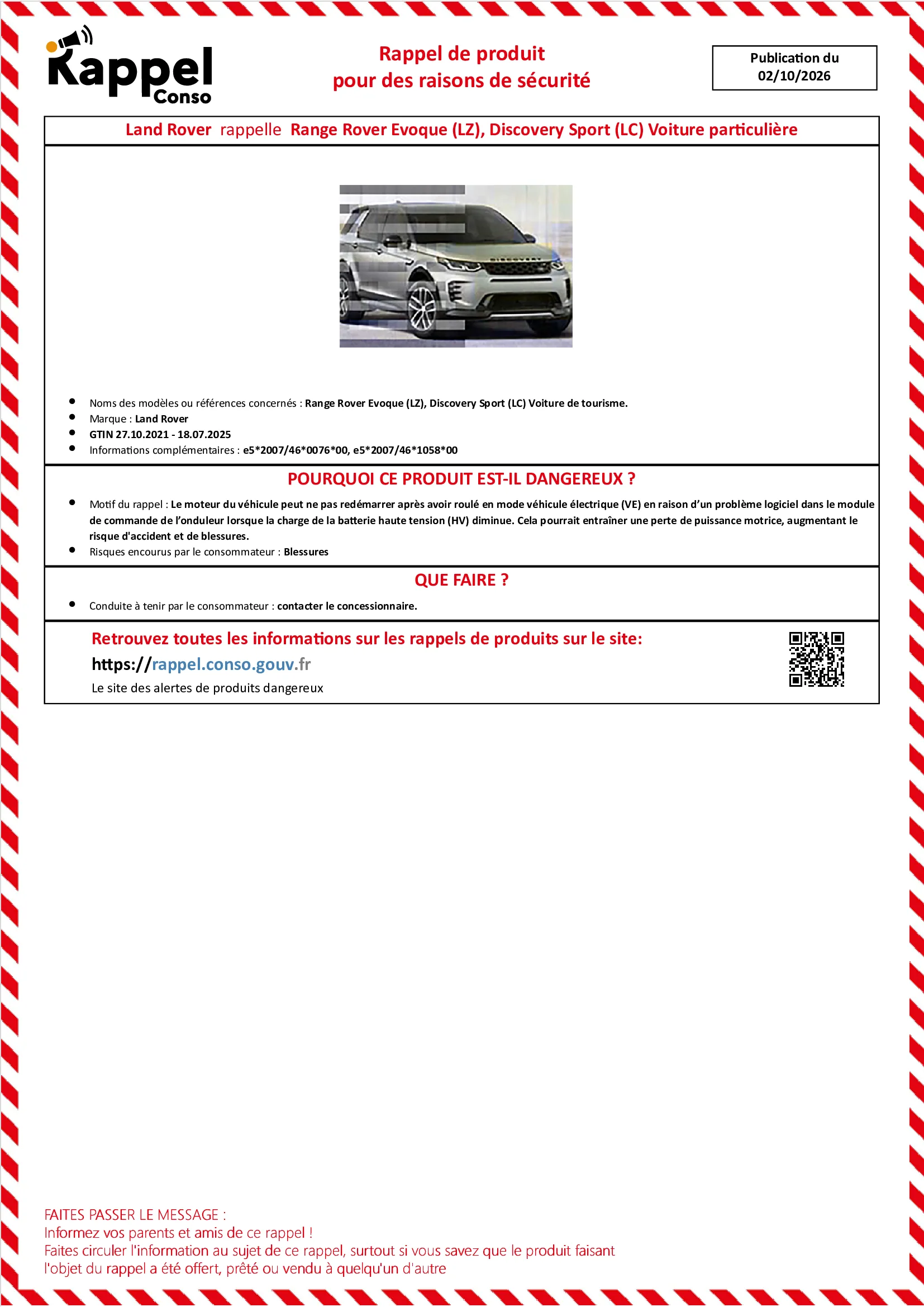 Affichette officielle de rappel constructeur Land rover - Range rover evoque (lz), Discovery sport (lc) voiture de tourisme.