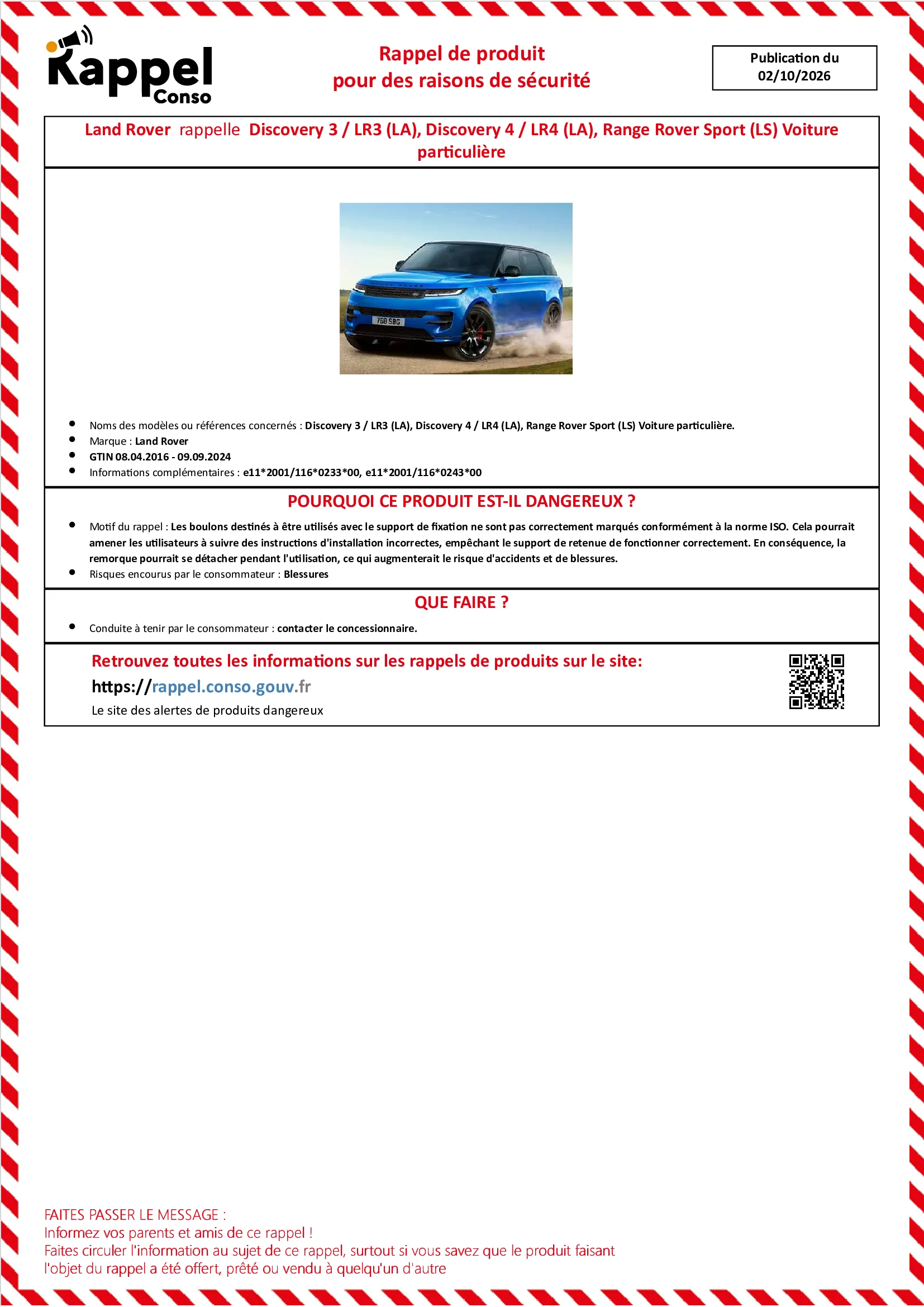 Affichette officielle de rappel constructeur Land rover - Discovery 3, Lr3 (la), Discovery 4, Lr4 (la), Range rover sport (ls) voiture particulière.