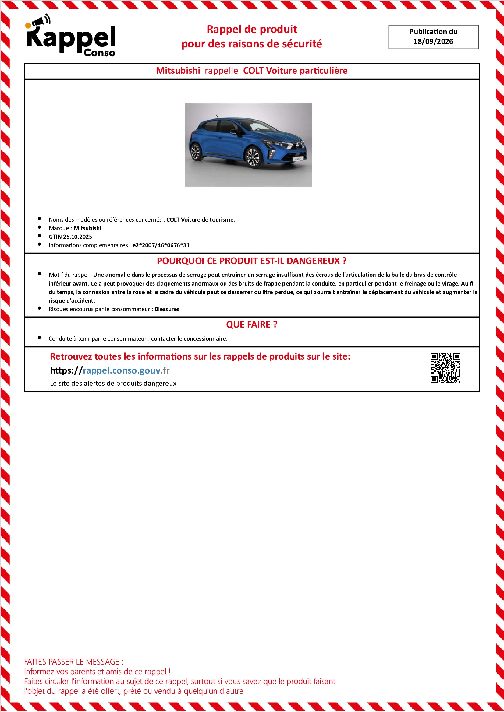 Affichette officielle de rappel constructeur Mitsubishi - Colt voiture de tourisme.