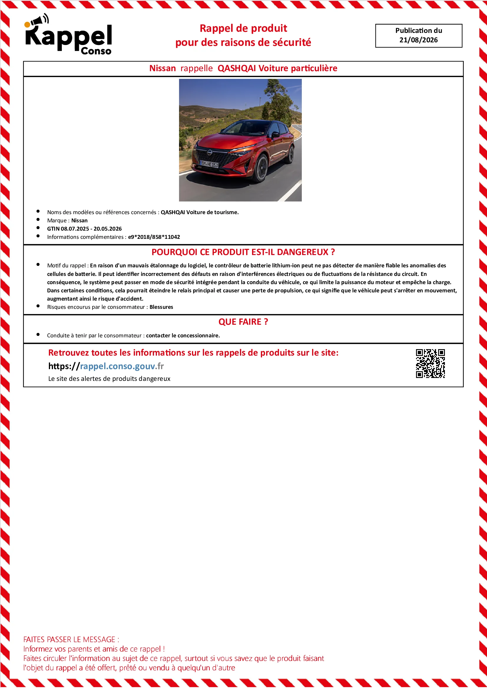Affichette officielle de rappel constructeur Nissan - Qashqai voiture de tourisme.