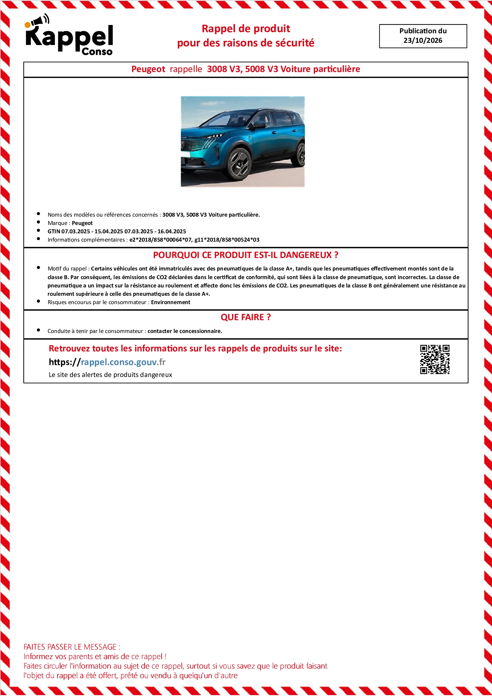 Affichette officielle de rappel constructeur Peugeot - 3008 v3, 5008 v3 voiture particulière.