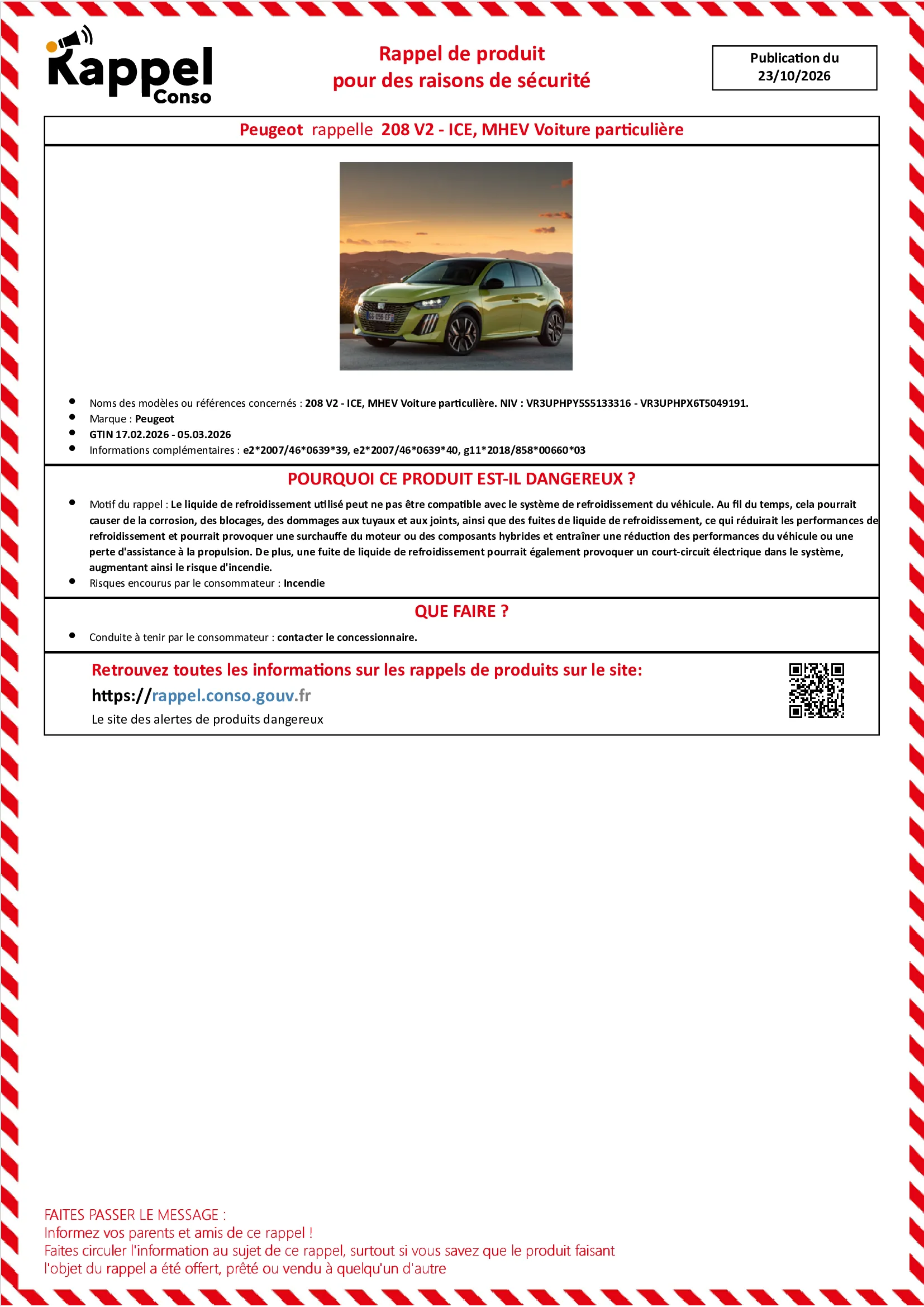 Affichette officielle de rappel constructeur Peugeot - 208 v2 - ice, Mhev voiture particulière. niv : vr3uphpy5s5133316 - vr3uphpx6t5049191.