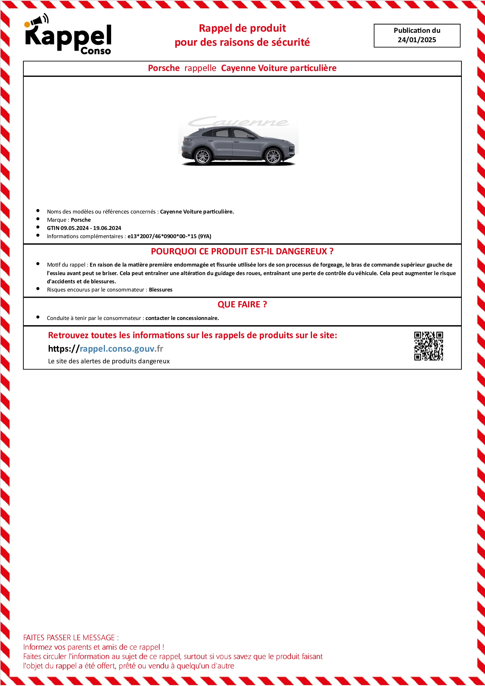Affichette officielle de rappel constructeur Porsche - Cayenne voiture particulière.