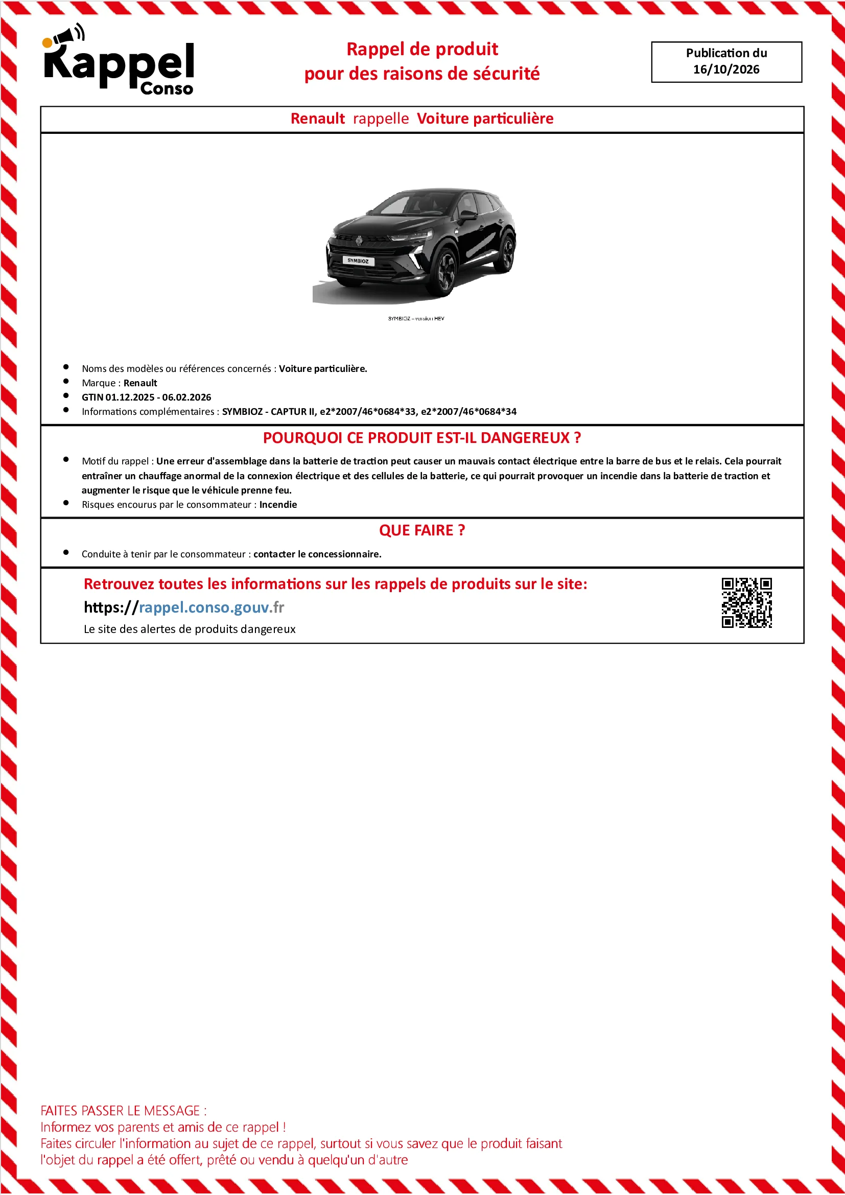 Affichette officielle de rappel constructeur Renault - Voiture particulière.