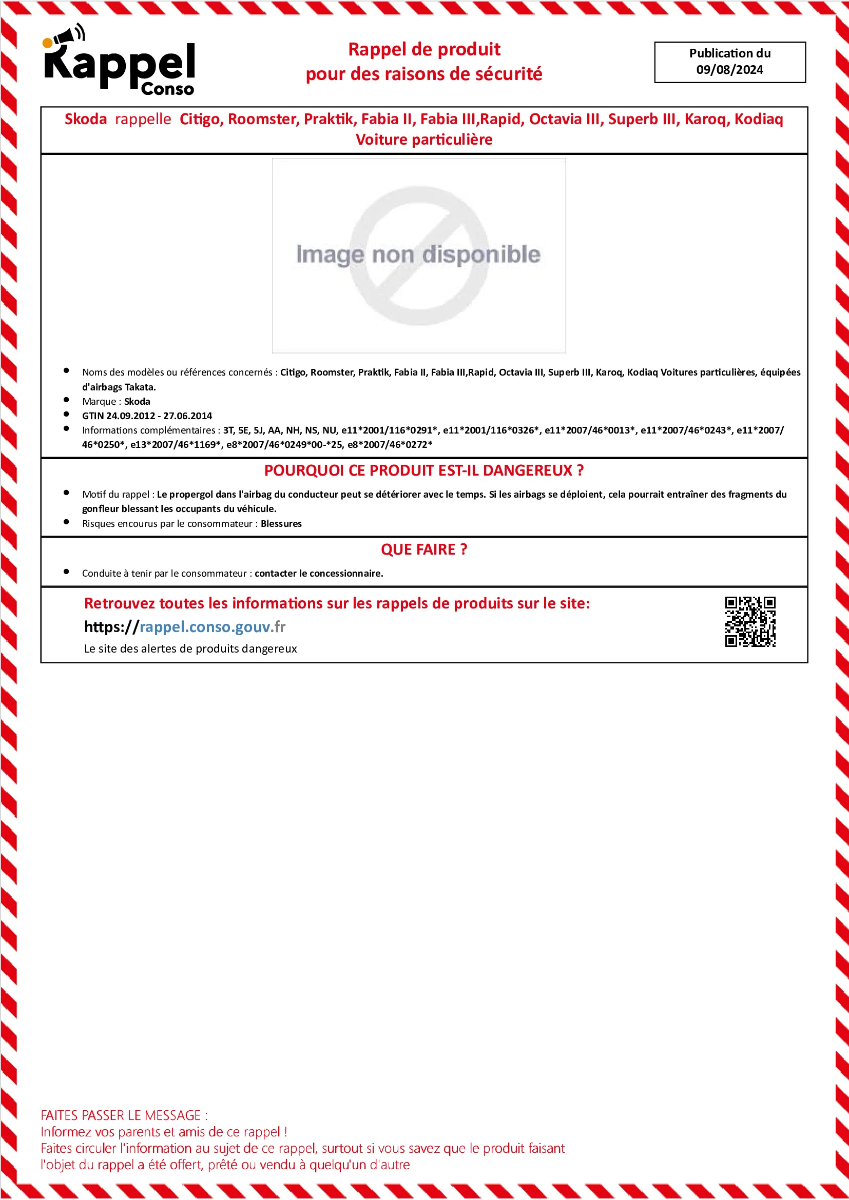 Affichette officielle de rappel constructeur Skoda - Citigo, Roomster, Praktik, Fabia ii, Fabia iii