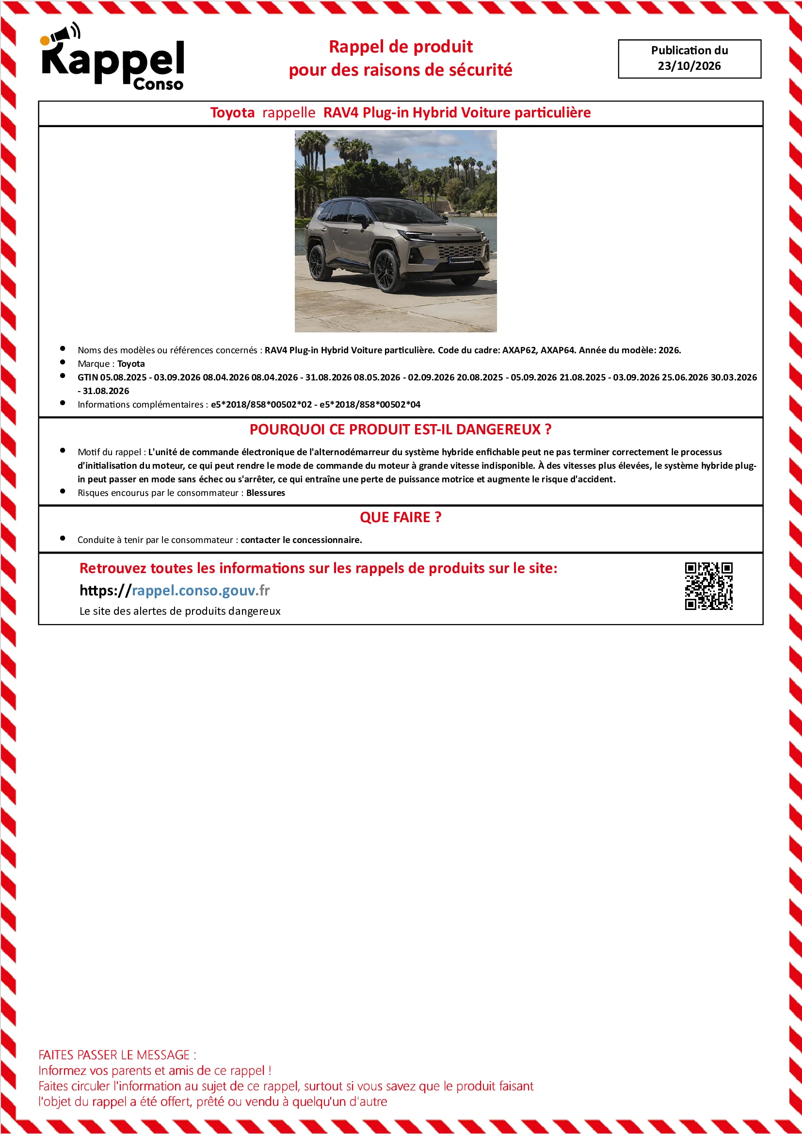 Affichette officielle de rappel constructeur Toyota - Rav4 plug-in hybrid voiture particulière. code du cadre: axap62, Axap64. année du modèle: 2026.