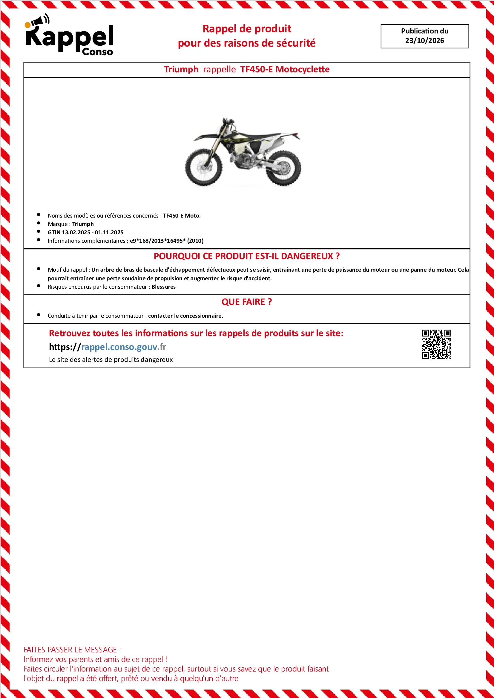 Affichette officielle de rappel constructeur Triumph - Tf450-e moto.