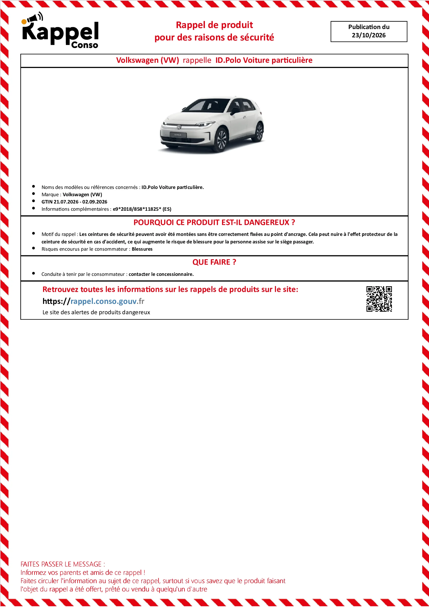 Affichette officielle de rappel constructeur Volkswagen (vw) - Id.polo voiture particulière.