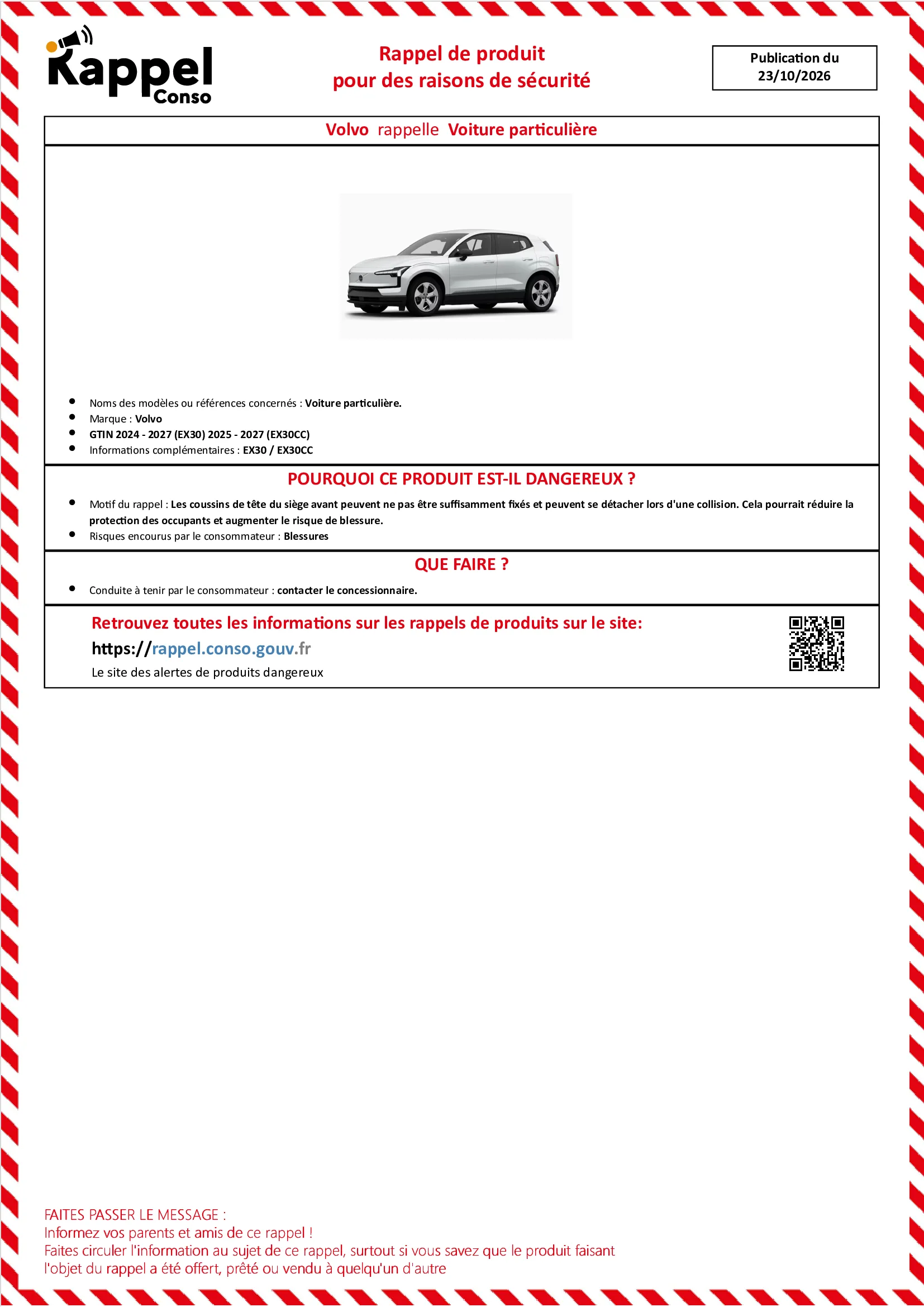 Affichette officielle de rappel constructeur Volvo - Voiture particulière.