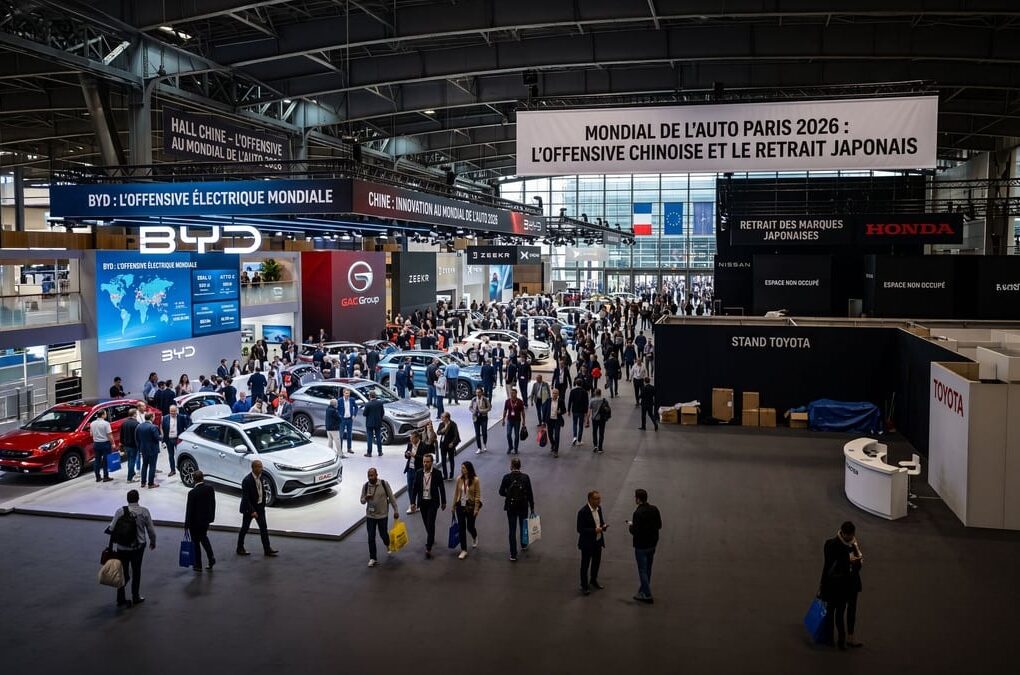 Des stands de constructeurs automobiles au Mondial de l'Auto à Paris.